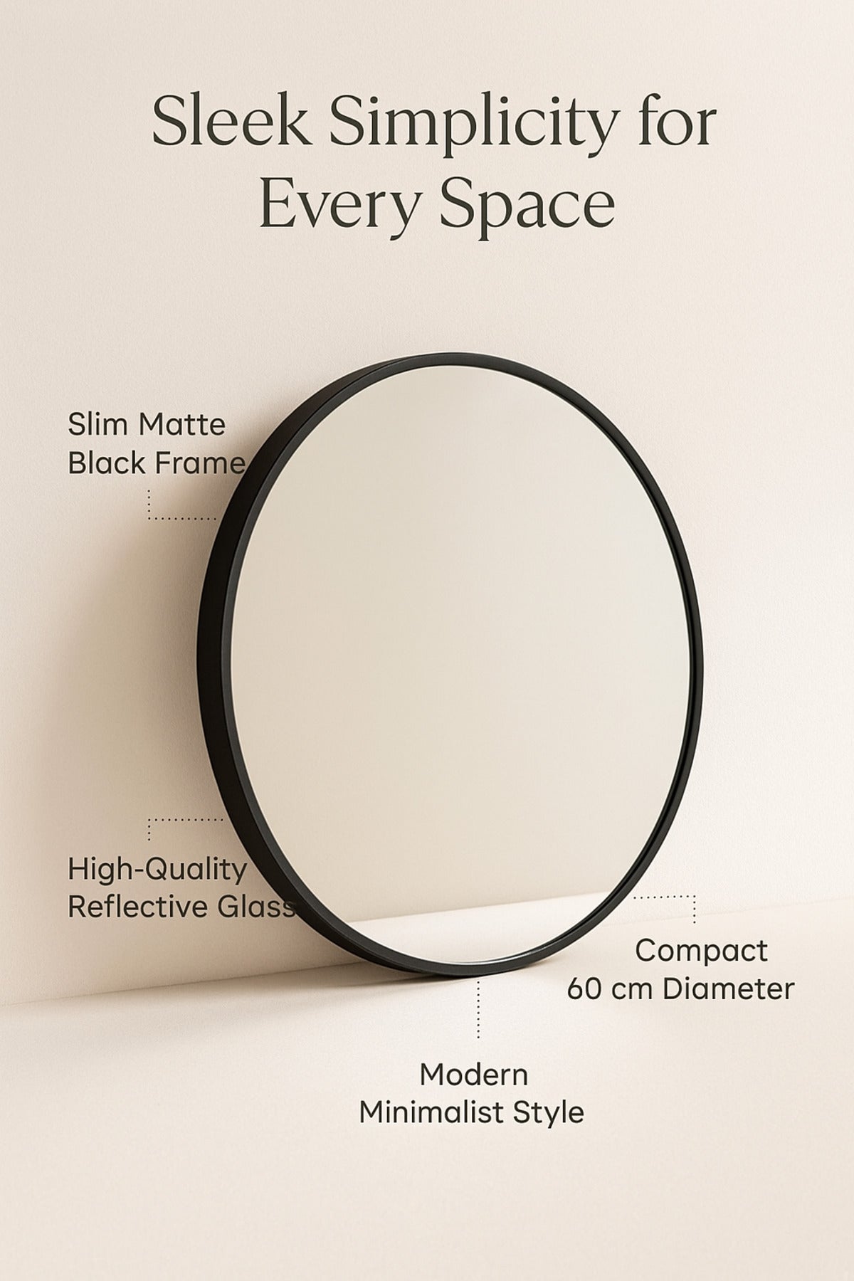 Round Wall Mirror with Black Frame Ð 60 cm Modern Minimalist Mirror for Home DŽcor