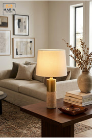Luxury Marble Table Lamp with White Fabric Shade and Gold Tone Cylindrical Base for Bedroom, Living Room, Office, Hotel and Bedside Décor