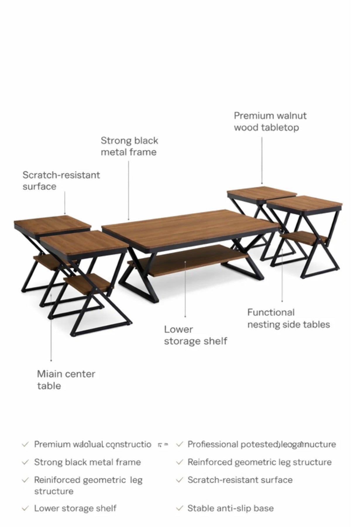 Modern 5-Piece BROWN Center Table Set with Metal Frame and Wood Finish