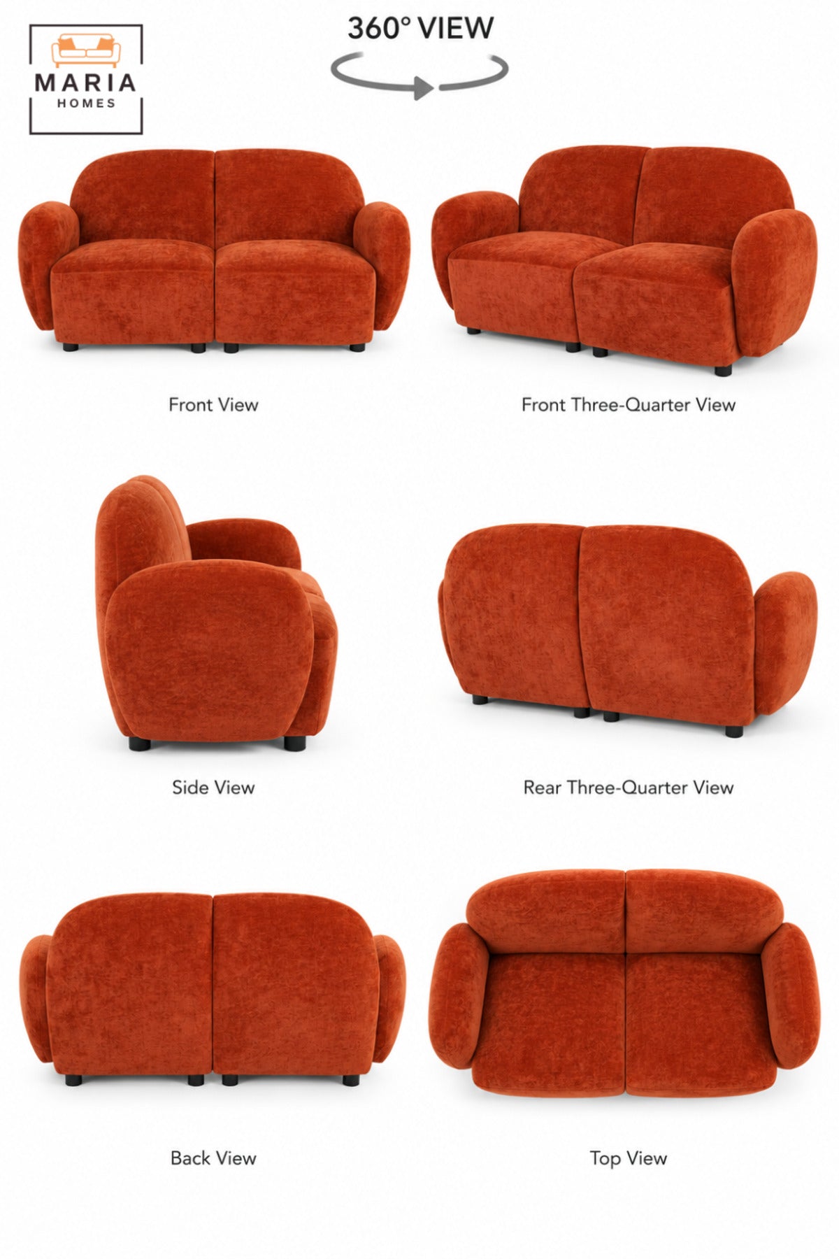 Modern 2 Seater Upholstered Loveseat Sofa with Rounded Backrest, Curved Armrests & Deep Cushioned Seats for Living Room, Bedroom and Lounge