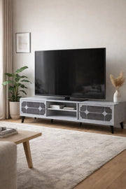 Stylish Grey TV Unit 200cm Wide Media Cabinet with Storage and Geometric Design for Living Room