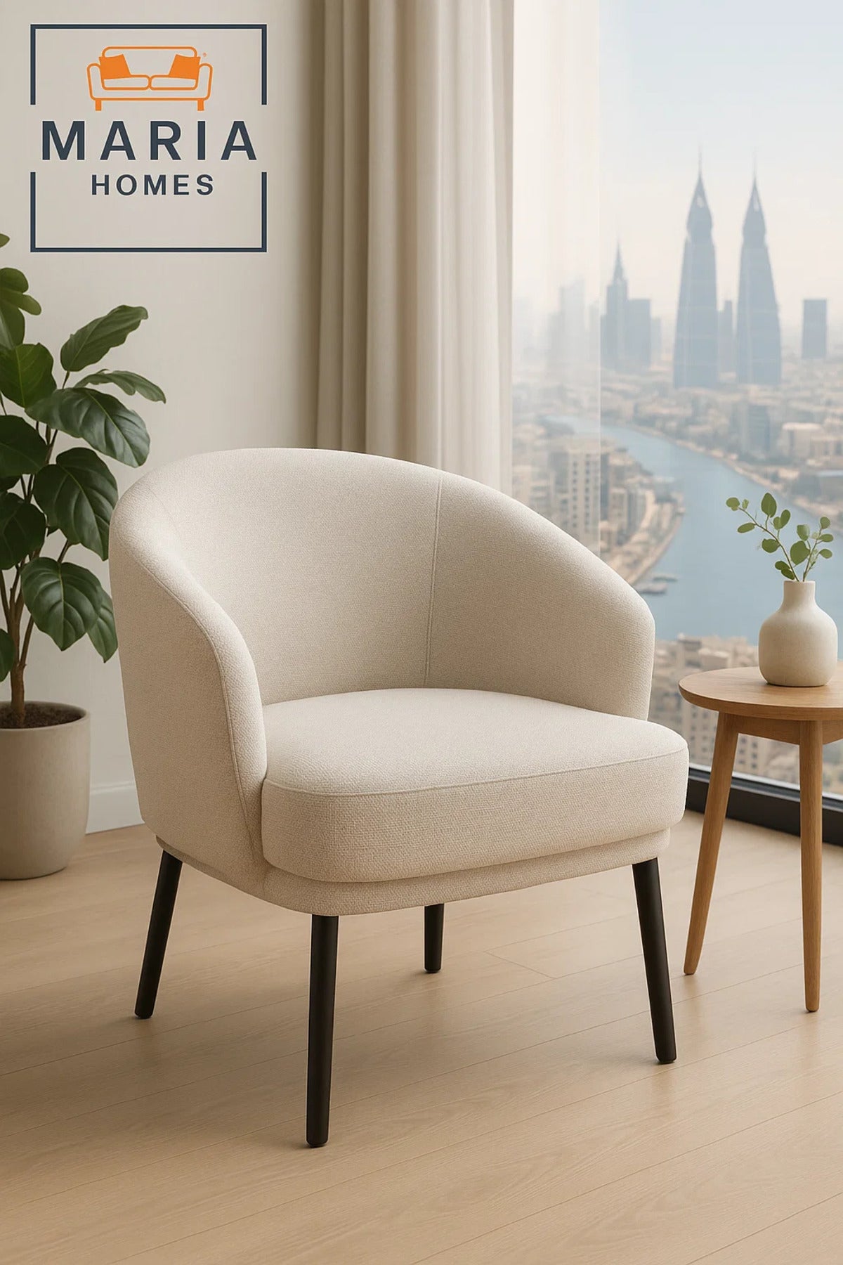 Beige Fabric Accent Chair Ð Modern Curved Armchair with Cushioned Seat and Sturdy Black Legs