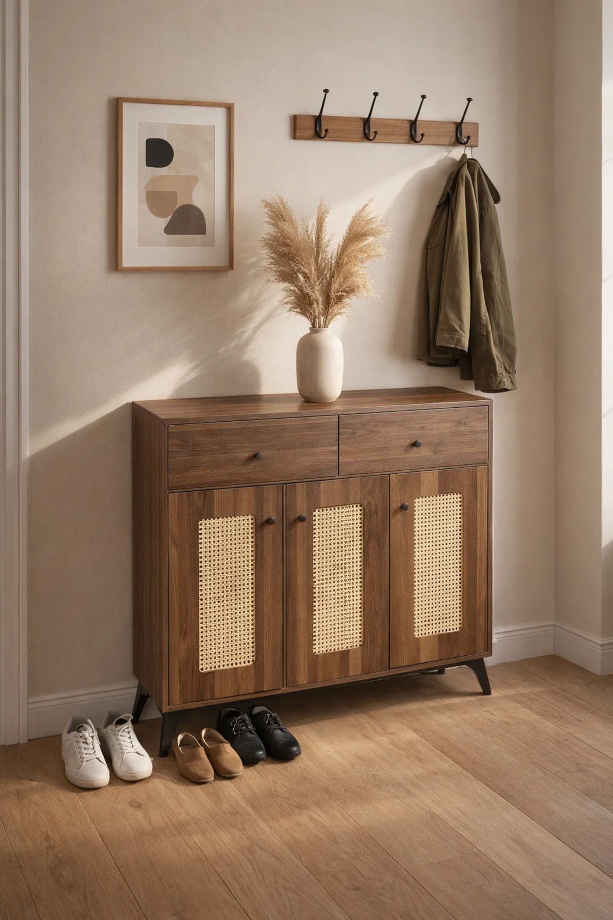 Wooden Shoe Cabinet Storage Organizer with Rattan Doors and Drawers for Modern Home Entrance