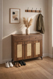 Wooden Shoe Cabinet Storage Organizer with Rattan Doors and Drawers for Modern Home Entrance