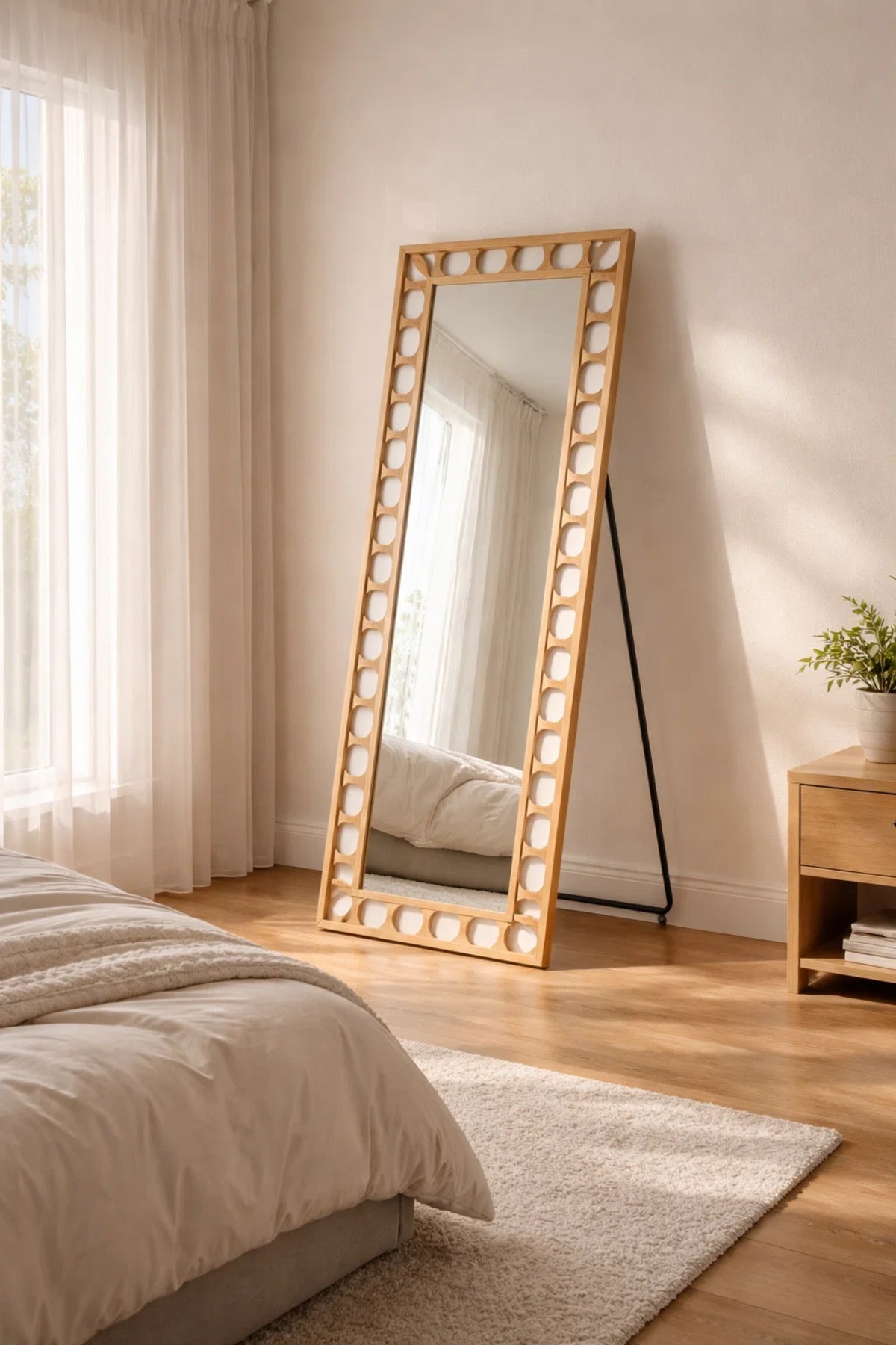 Full Length Floor Mirror with Geometric Cut-Out Frame 162x60cm Red Brown Finish full