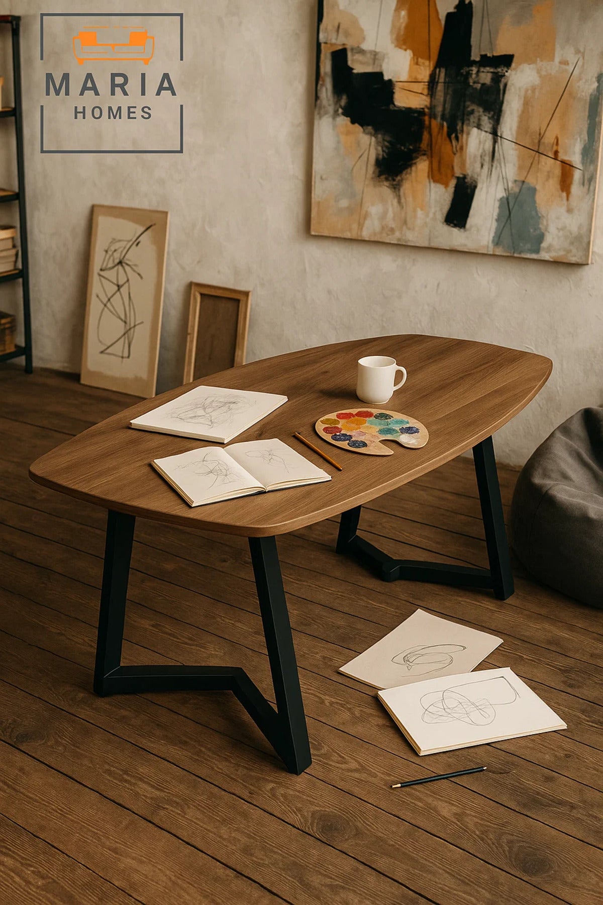 Modern Wooden Center Table 160x75x80cm Ð Oval Coffee Table with Black Metal Base for Living Room