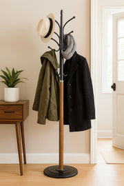 Modern Light Brown Coat Rack Ð Metal and Wood Standing Clothes Hanger for Entryway & Office