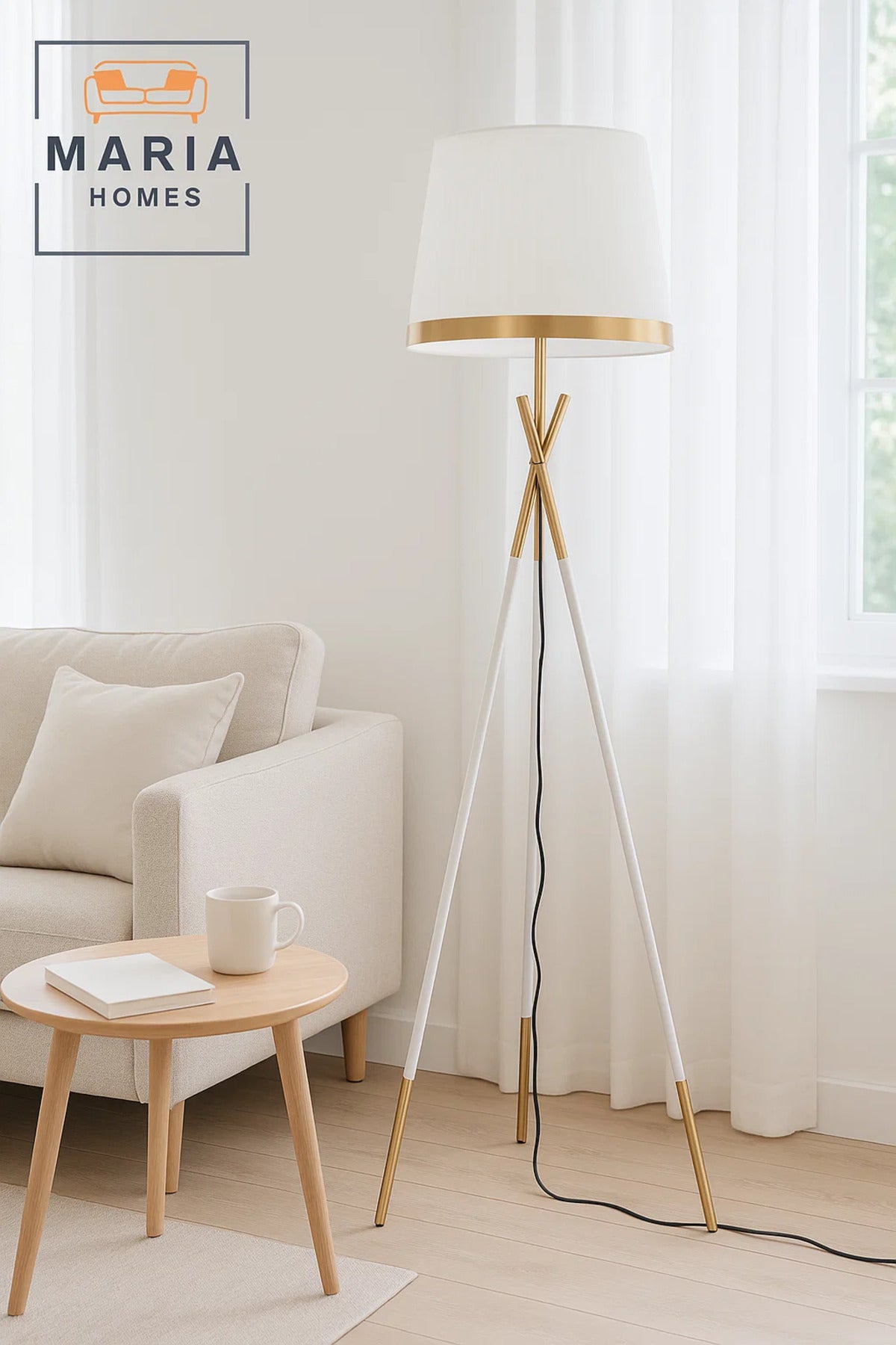 Elegant White and Gold Tripod Floor Lamp