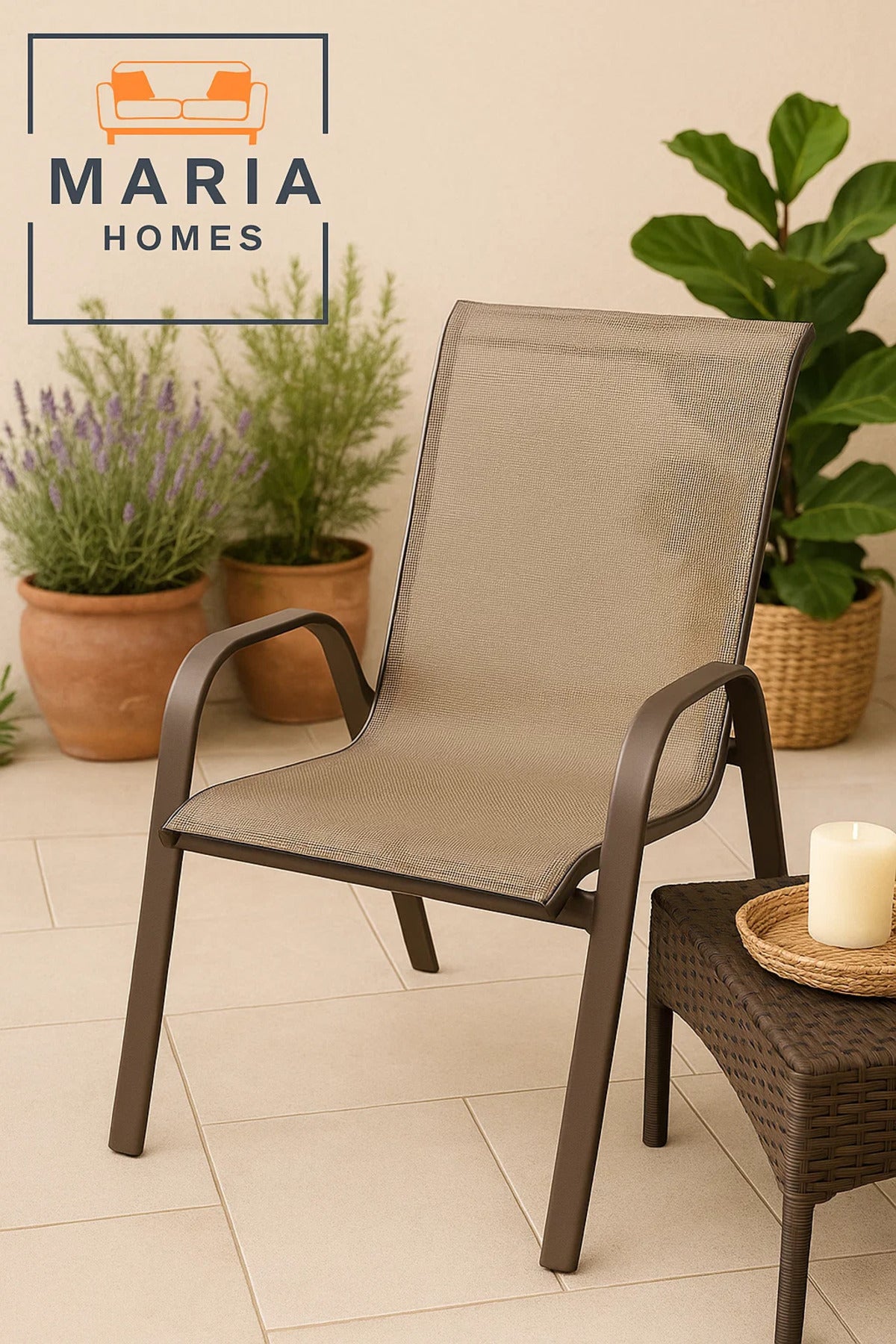 Mesh Outdoor Armchair with Brown Frame Ð Breathable Patio Chair for Garden, Balcony, or CafŽ