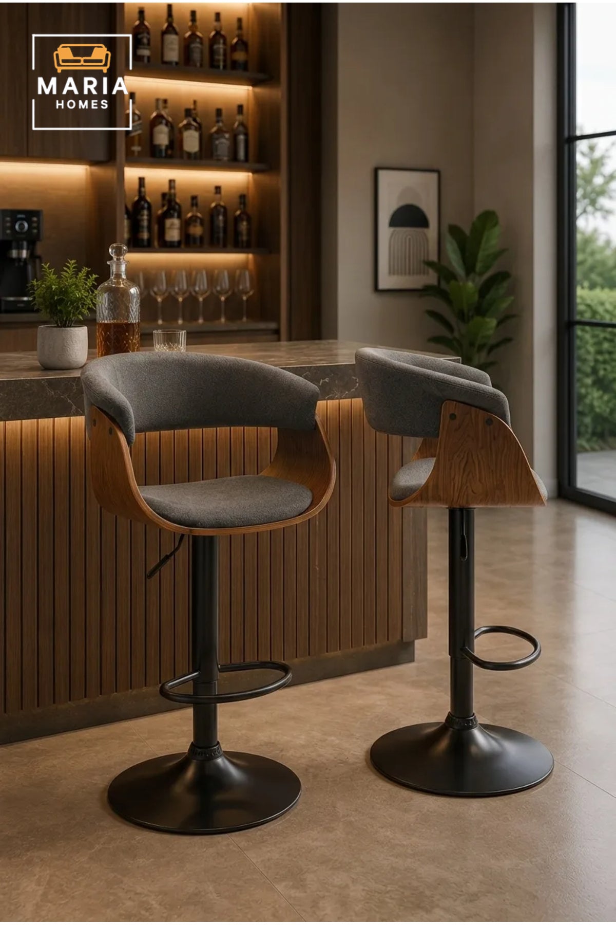 Modern Upholstered Bar Stool with Curved Open Back, Wood Accent Frame and Adjustable Height