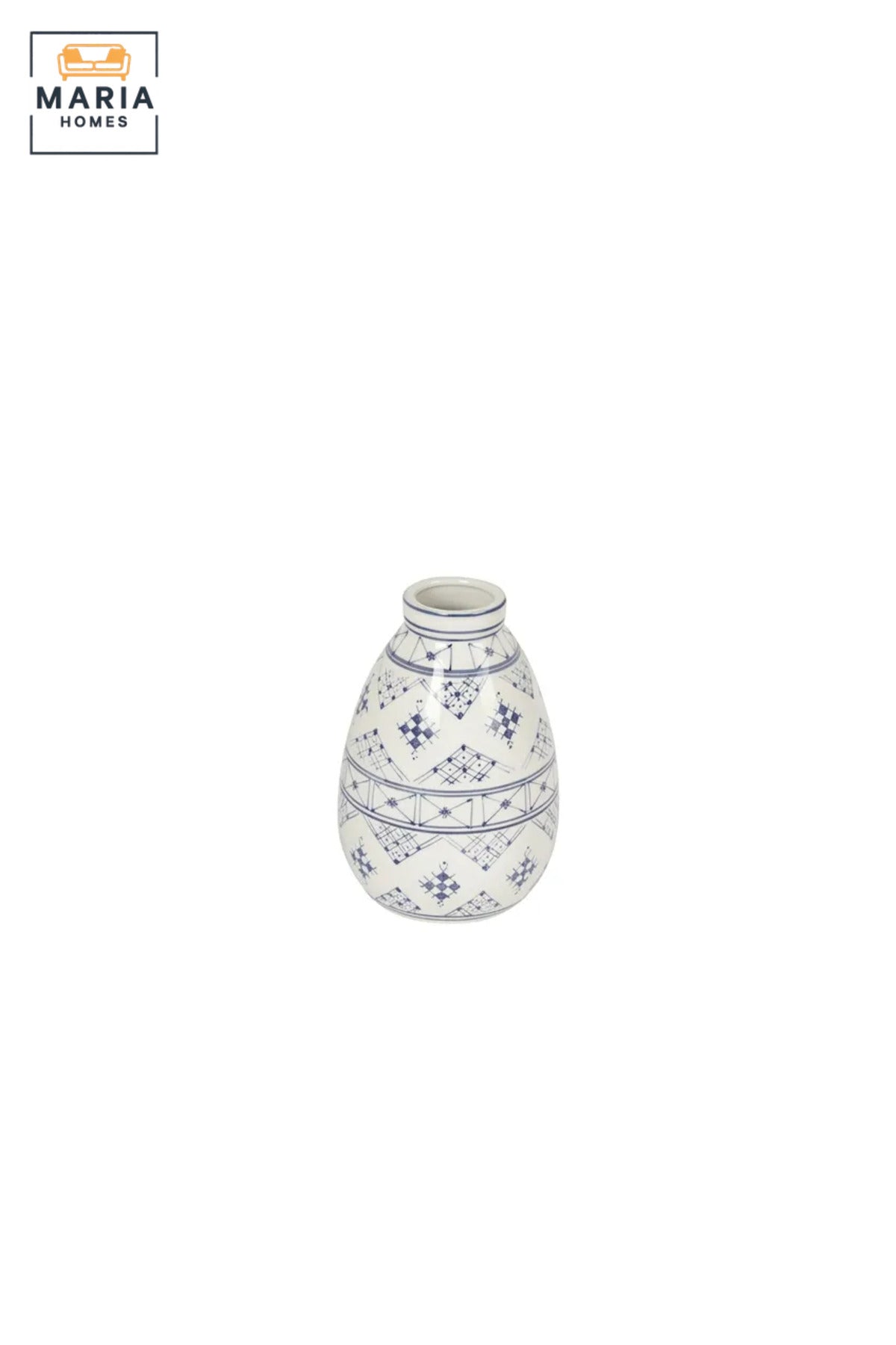 Blue and White Patterned Decorative Vase, Modern Ceramic Teardrop Flower Holder with Geometric Design for Living Room, Bedroom, Shelf and Table Décor
