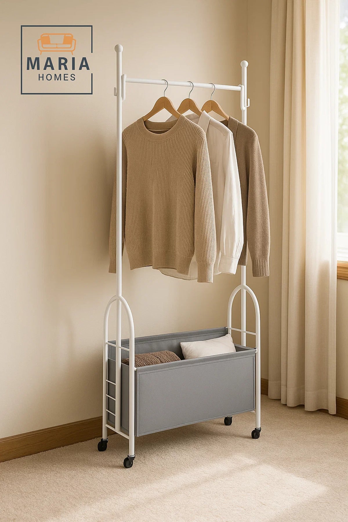 White Rolling Garment Rack with Storage Basket-SIZE 80CM