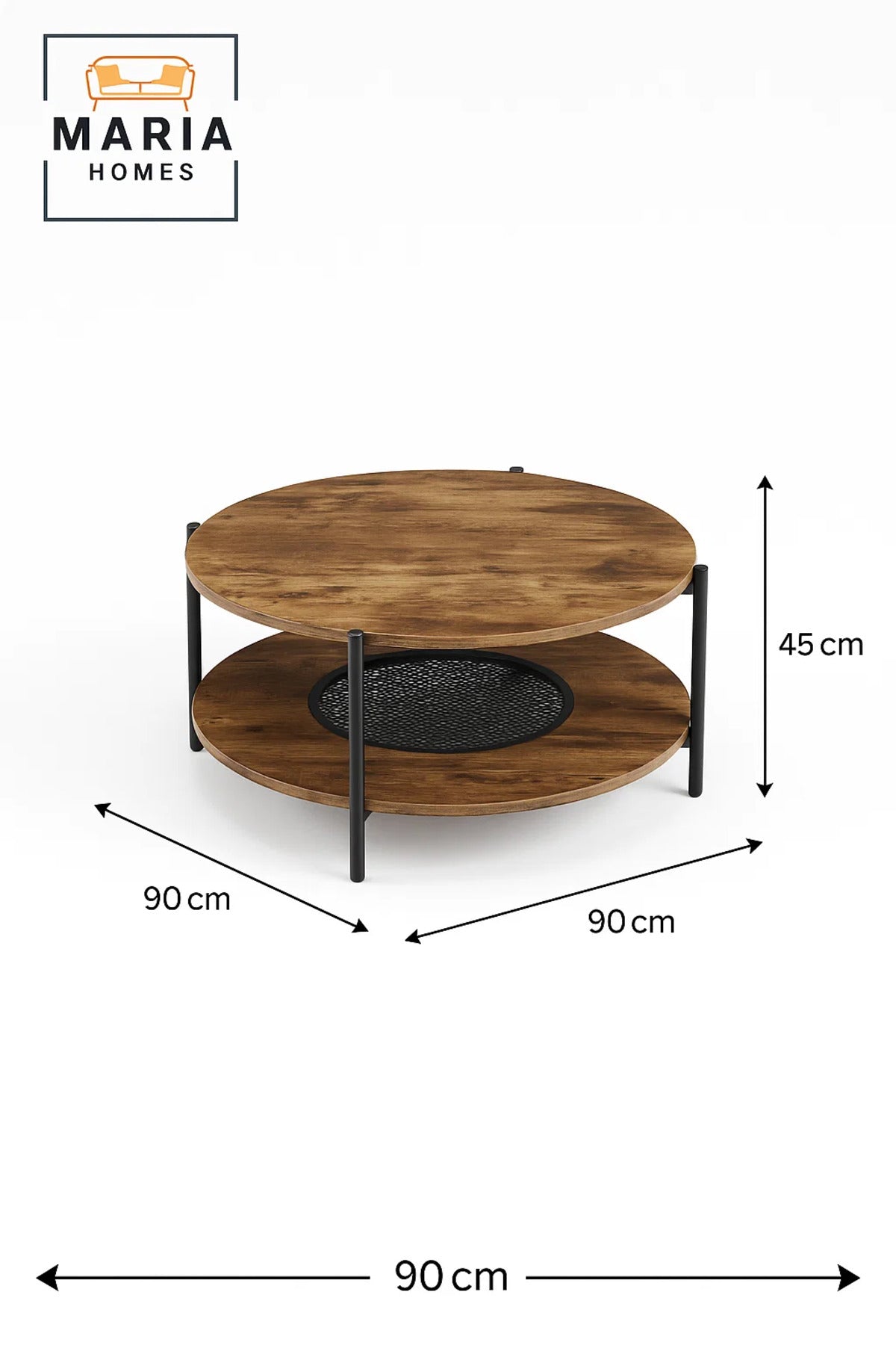 Round Brown Coffee Table √ê Modern Wooden Side Table with Storage Shelf 90_90_45 cm