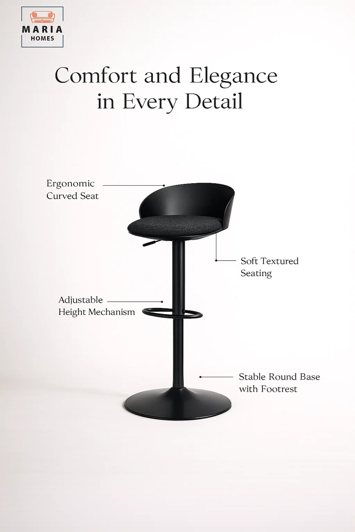 Modern Adjustable Bar Stool Black High Chair with Footrest