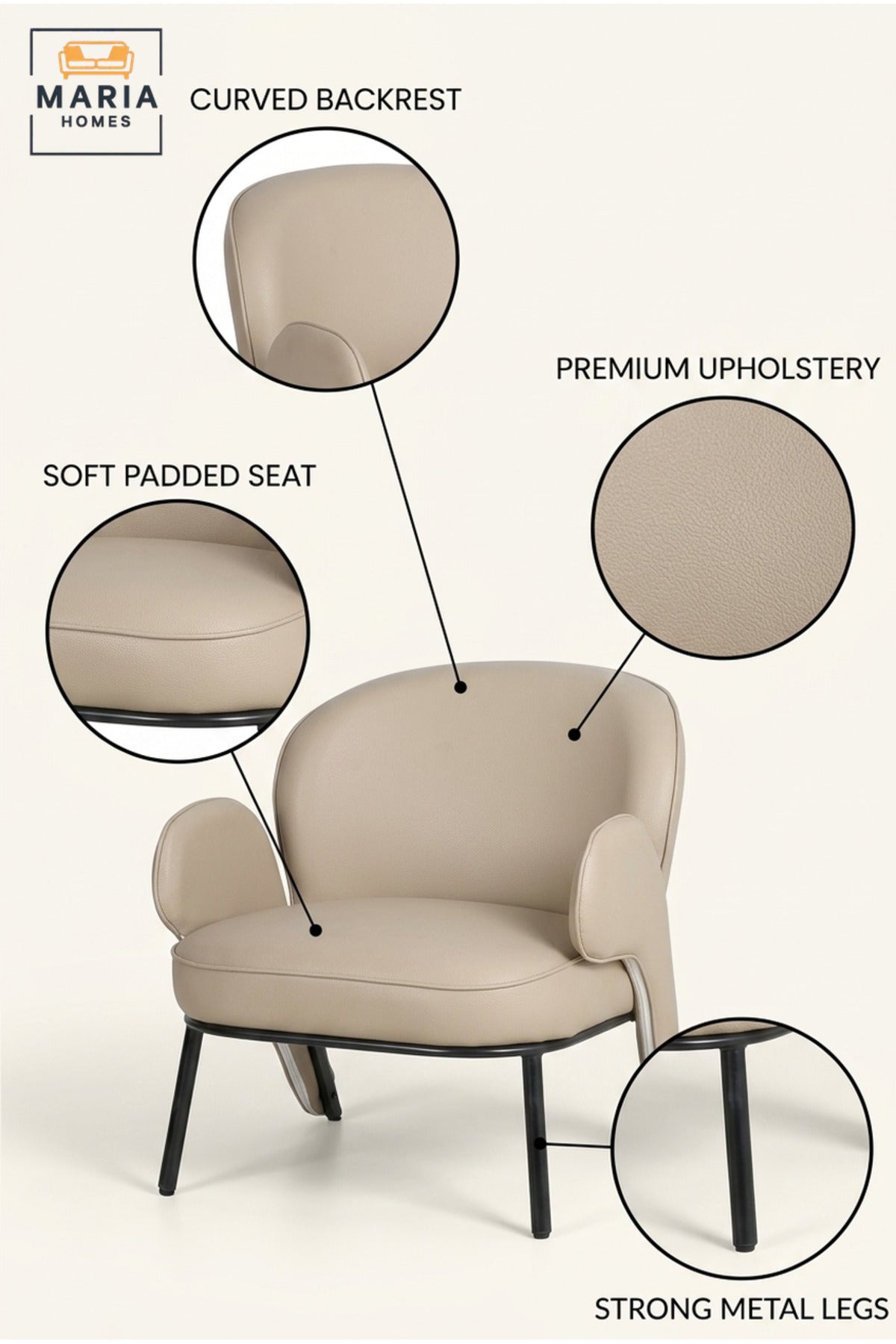 Modern Beige Upholstered Accent Armchair with Curved Backrest, Padded Seat, Unique Armrests & Black Metal Legs for Living Room Bedroom Office Lounge