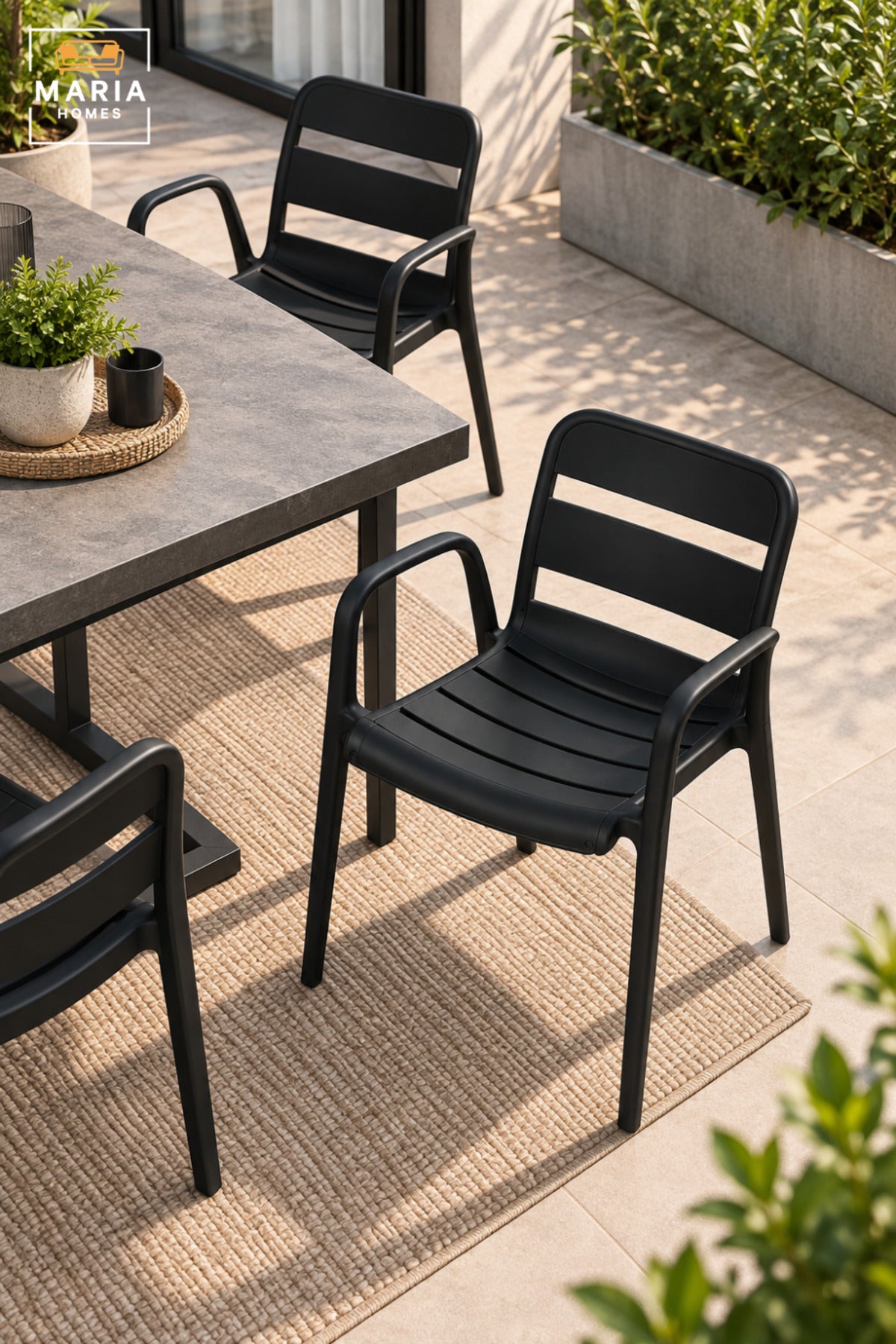 Modern Black Garden Chair with Armrests, Slatted Open Backrest and Comfortable Curved Seat for Patio, Balcony, Terrace, Café & Outdoor Seating