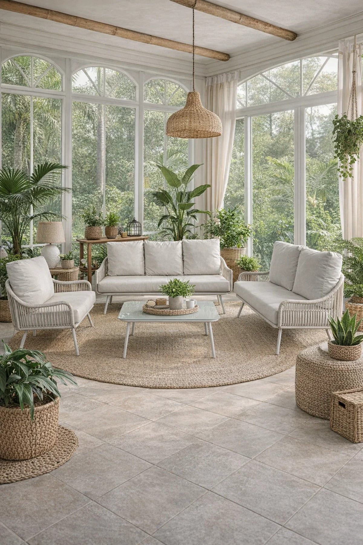 Elegant White and Beige 7Piece Sofa Set with Glass Coffee Table Outdoor or Indoor Seating