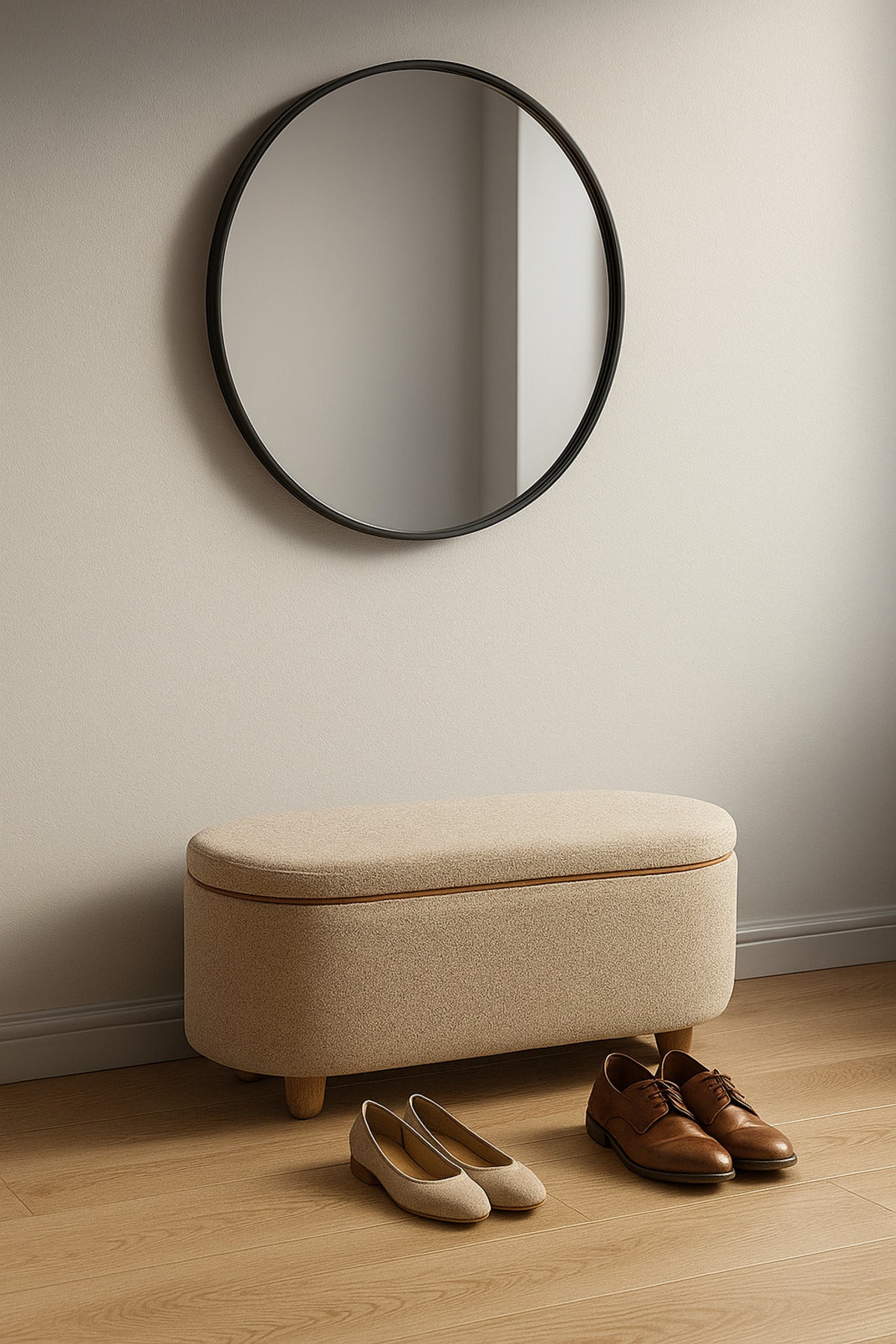 Brown Oval Storage Ottoman Bench with Wooden Base Ð Modern Fabric Seat 88_35_40 cm