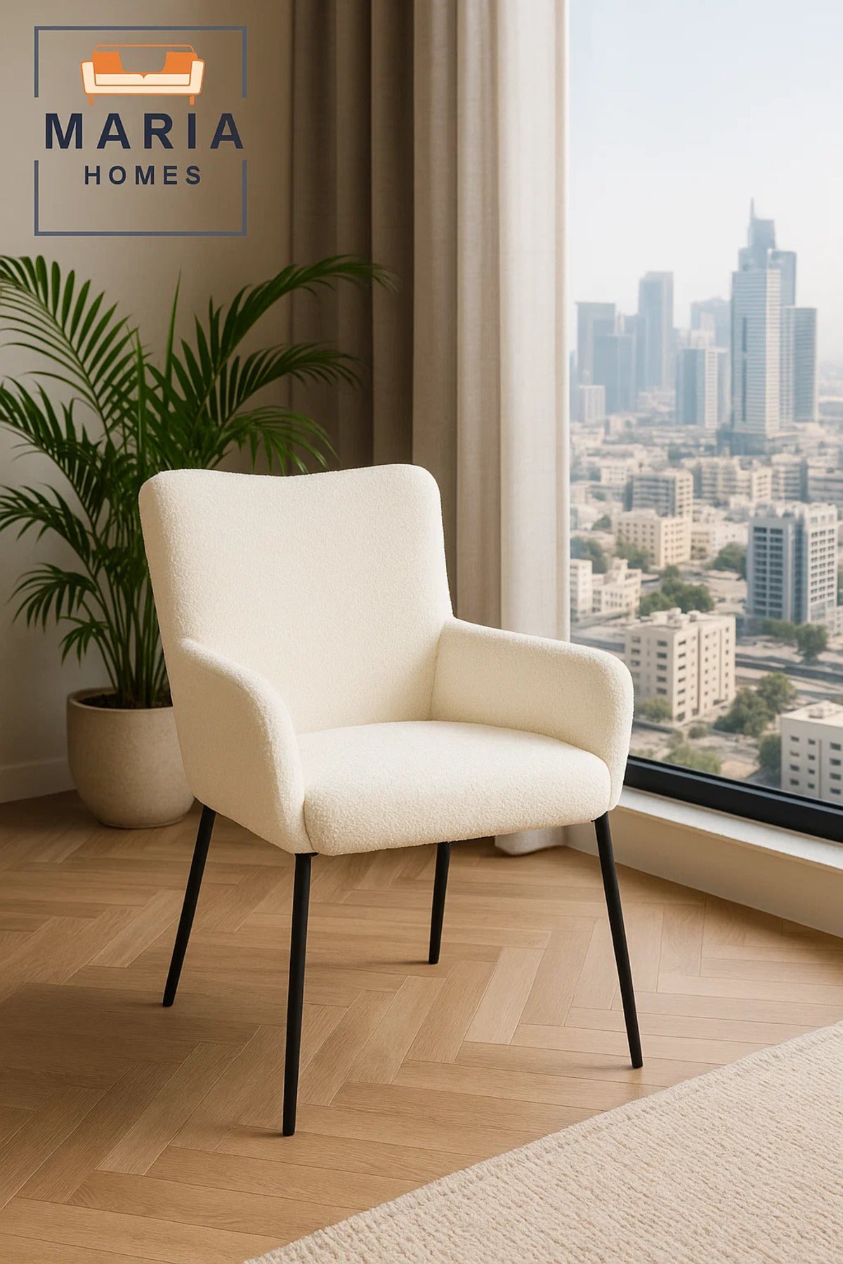 White BouclŽ High Back Armchair Ð Modern Upholstered Chair with Black Legs for Living Room or Office