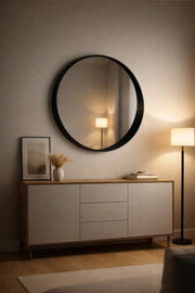 Modern Round Wall Mirror 90cm Large Black Wooden Frame Circle Mirror for Bathroom Vanity Living Room