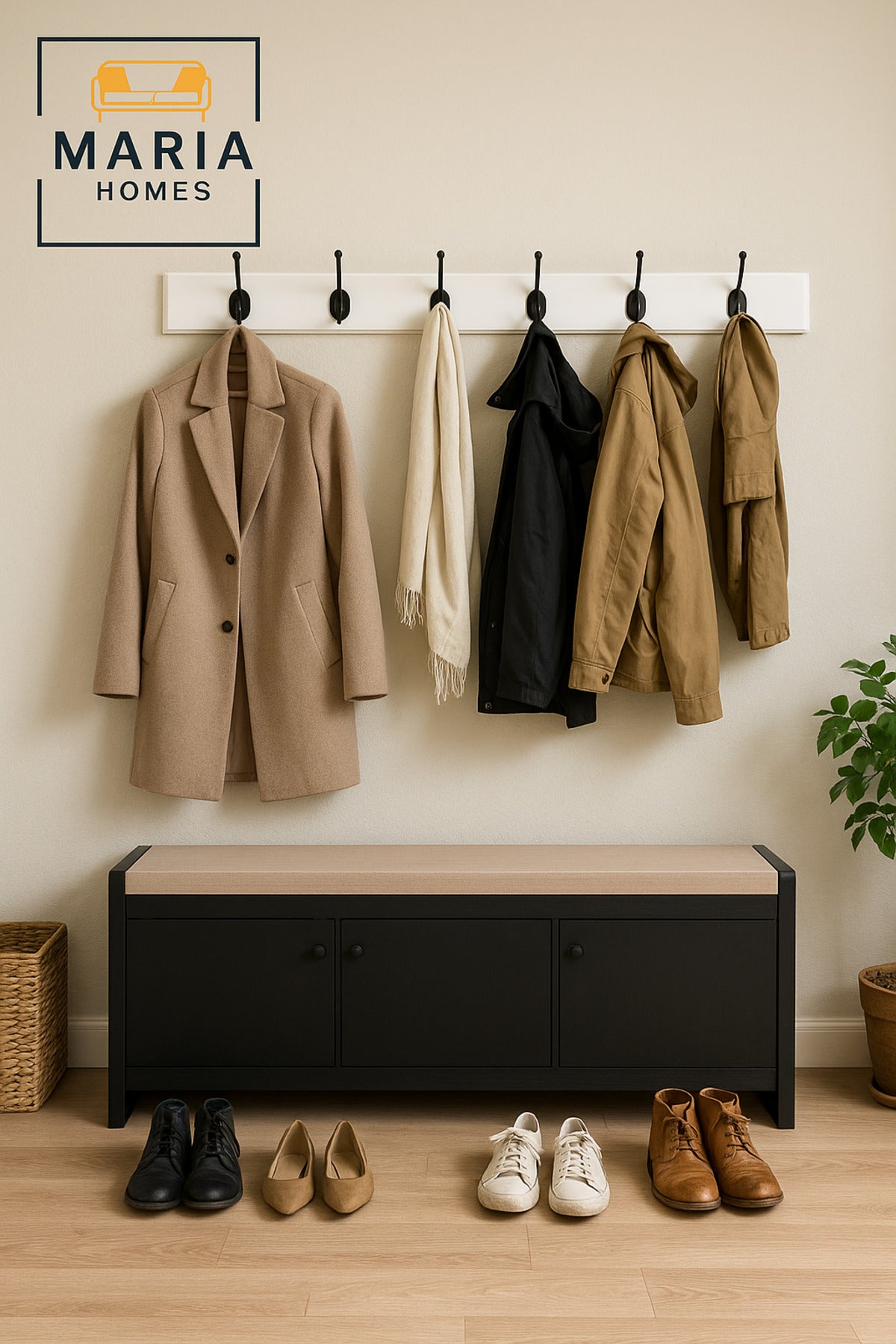 Black Wooden Storage Bench with Cushion Seat Ð Entryway Shoe Cabinet (120_40_52 cm)