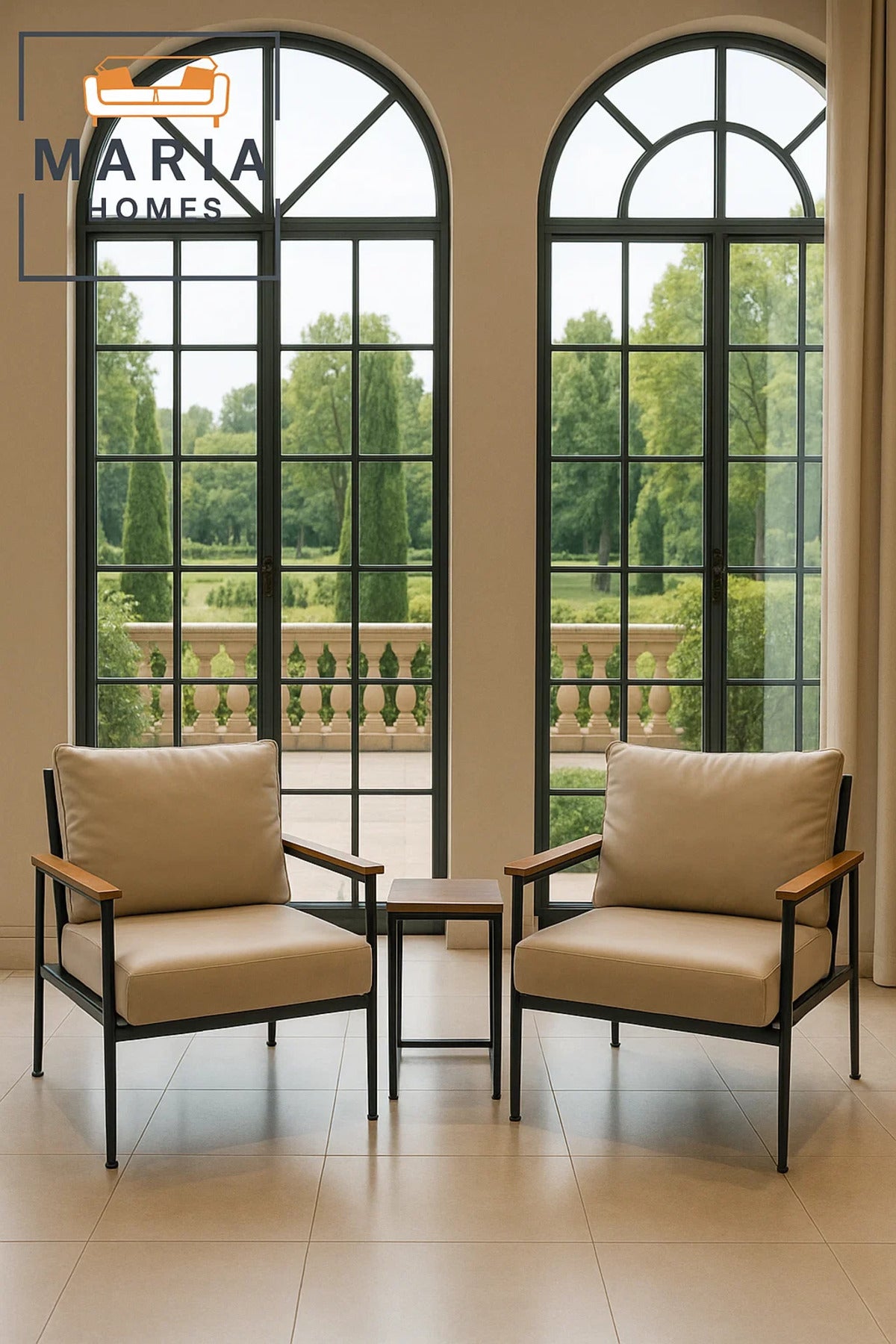 Beige Faux Leather Armchair Ð Modern Lounge Chair with Black Metal Frame and Wooden Armrests