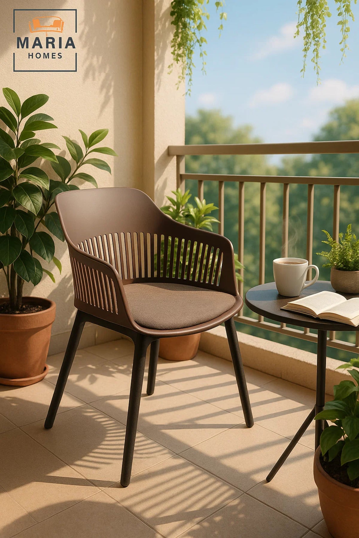 Coffee Plastic Armchair with Black Legs Modern Ventilated Backrest Chair Indoor & Outdoor Seating