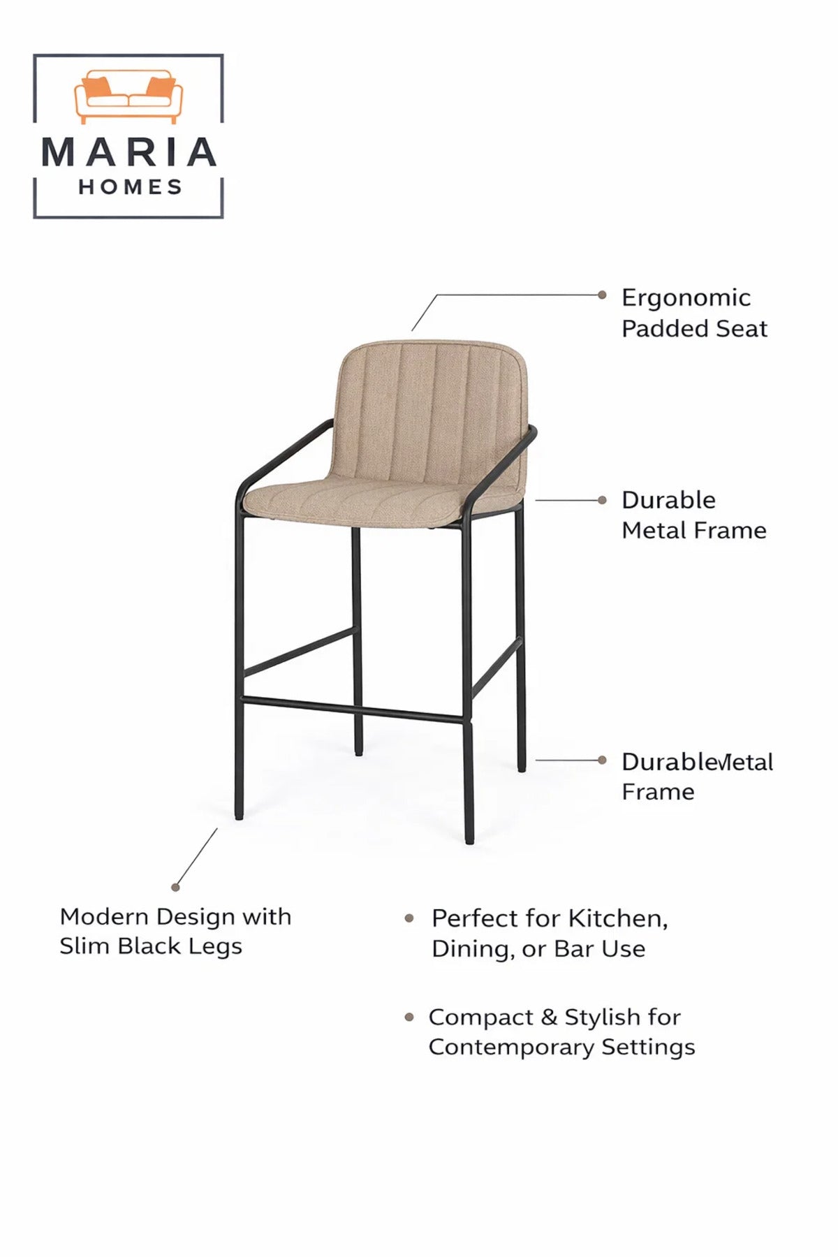 Khaki Upholstered Bar Stool with Black Metal Frame Ð Modern Counter Chair with Armrests