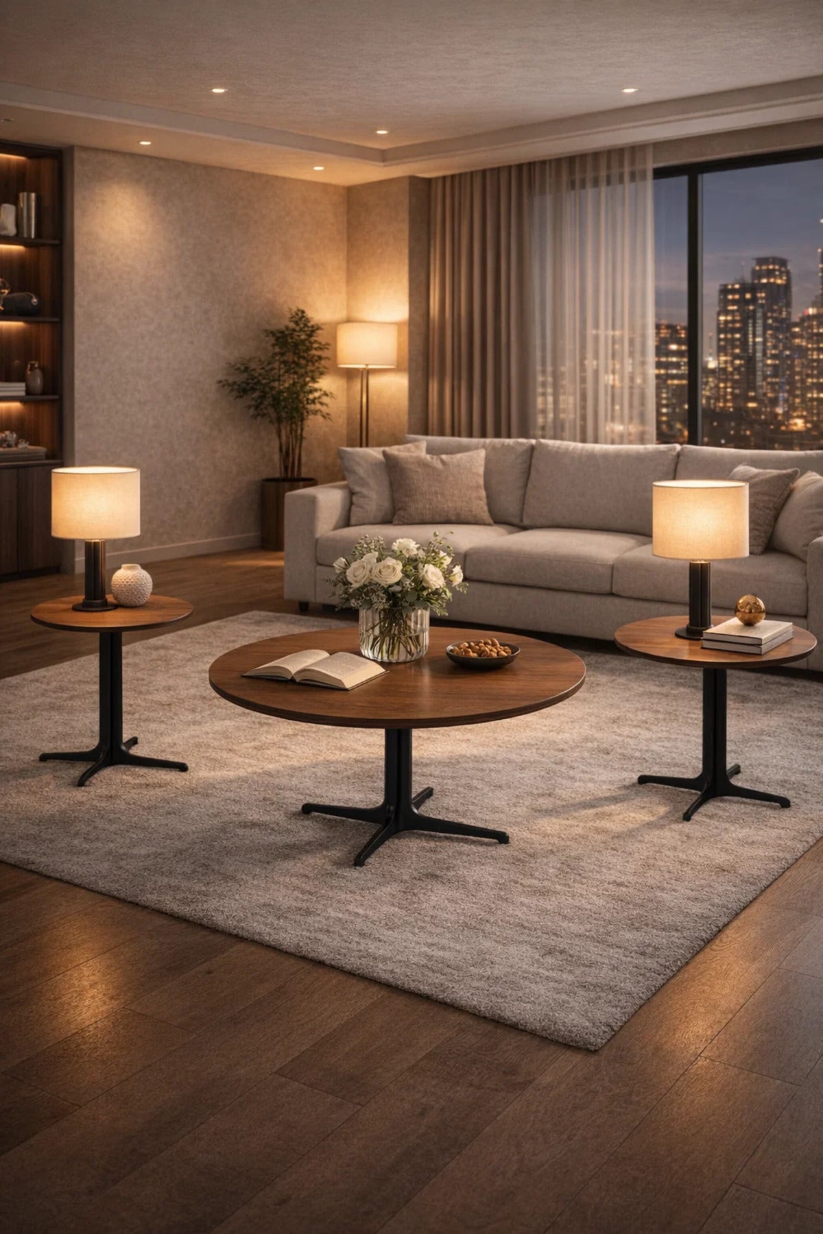 Light Brown Ceramic Coffee Table Set 1+2 with Metal Base 80_80_48 cm 45_45_55 Side