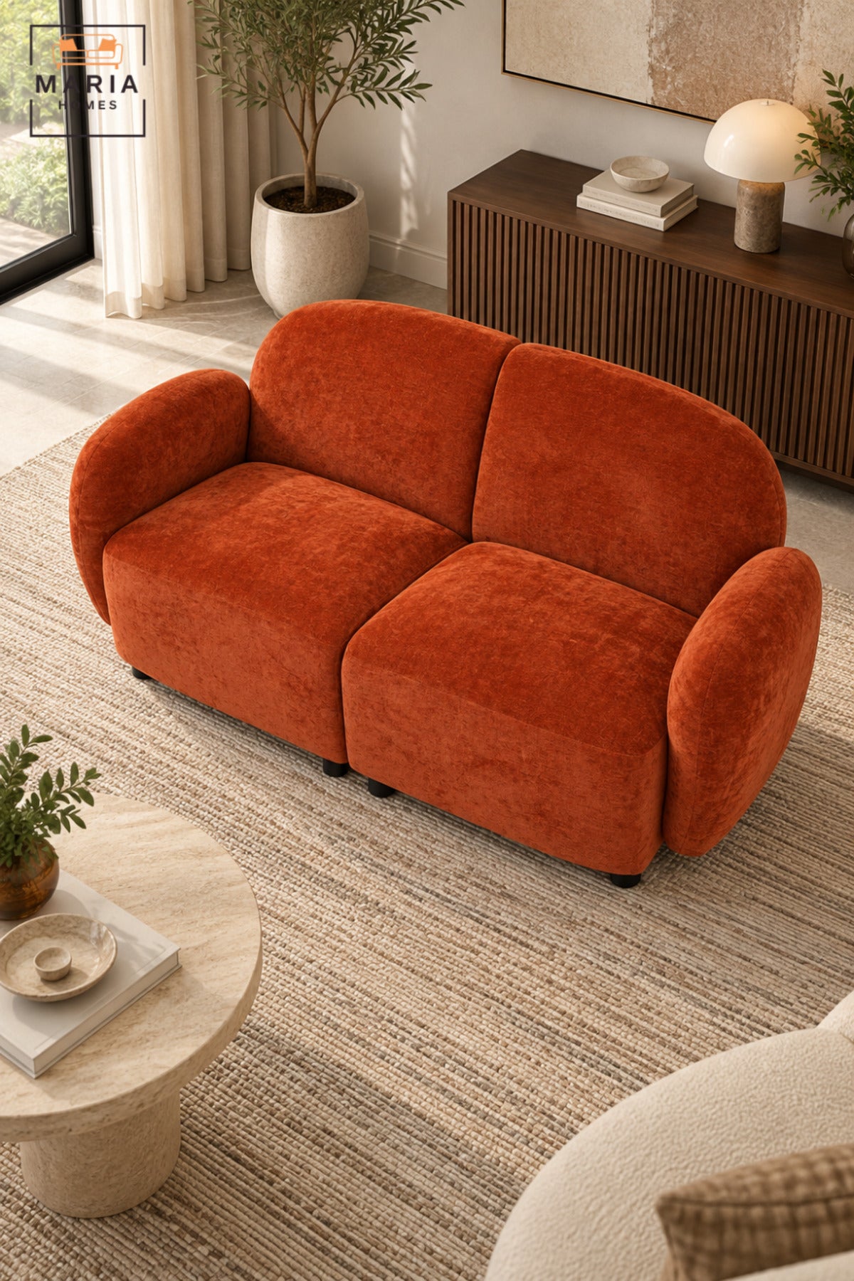 Modern 2 Seater Upholstered Loveseat Sofa with Rounded Backrest, Curved Armrests & Deep Cushioned Seats for Living Room, Bedroom and Lounge