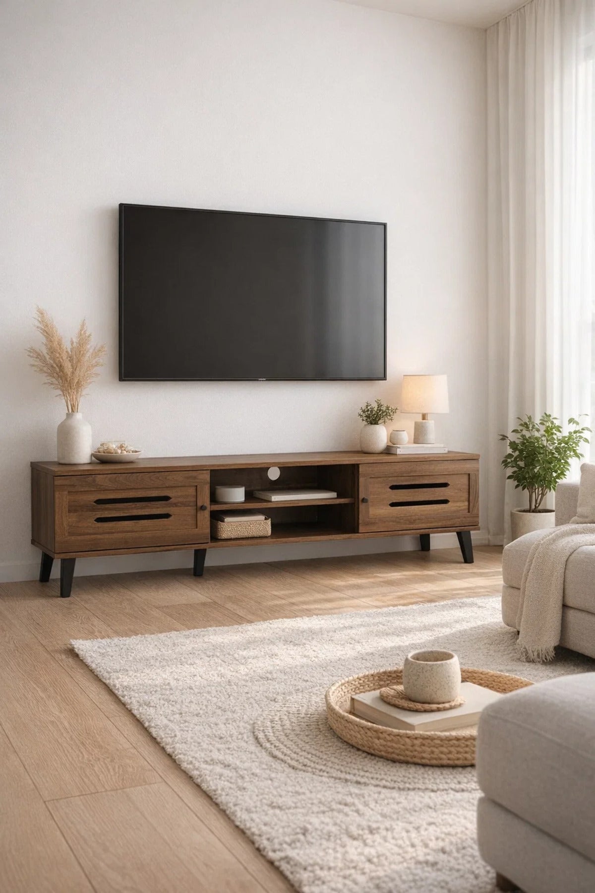 Modern Wooden TV Stand Dark Brown with Slotted Front Design 180 x 40 x 44 cm