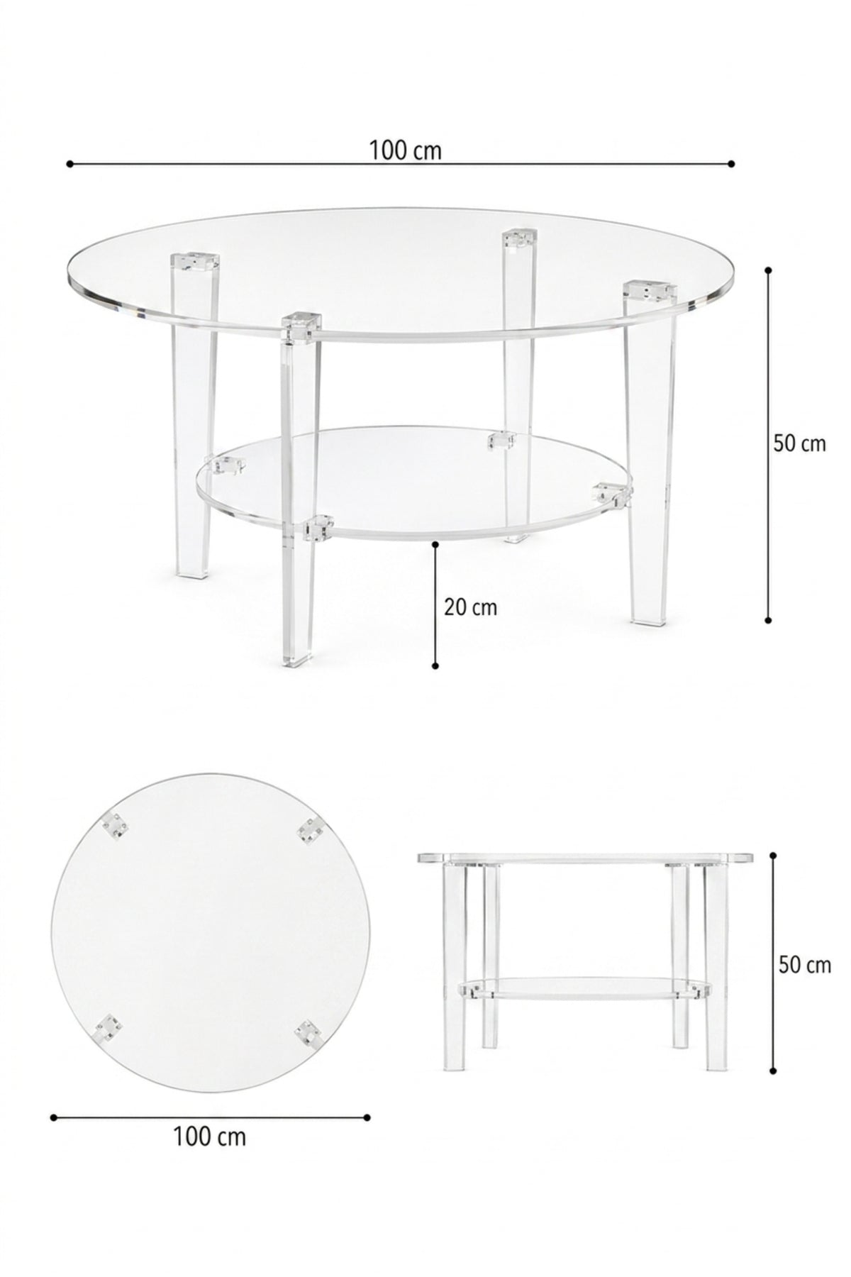 Round Acrylic Center Table Set – Clear 2-Tier Design with Lower Shelf