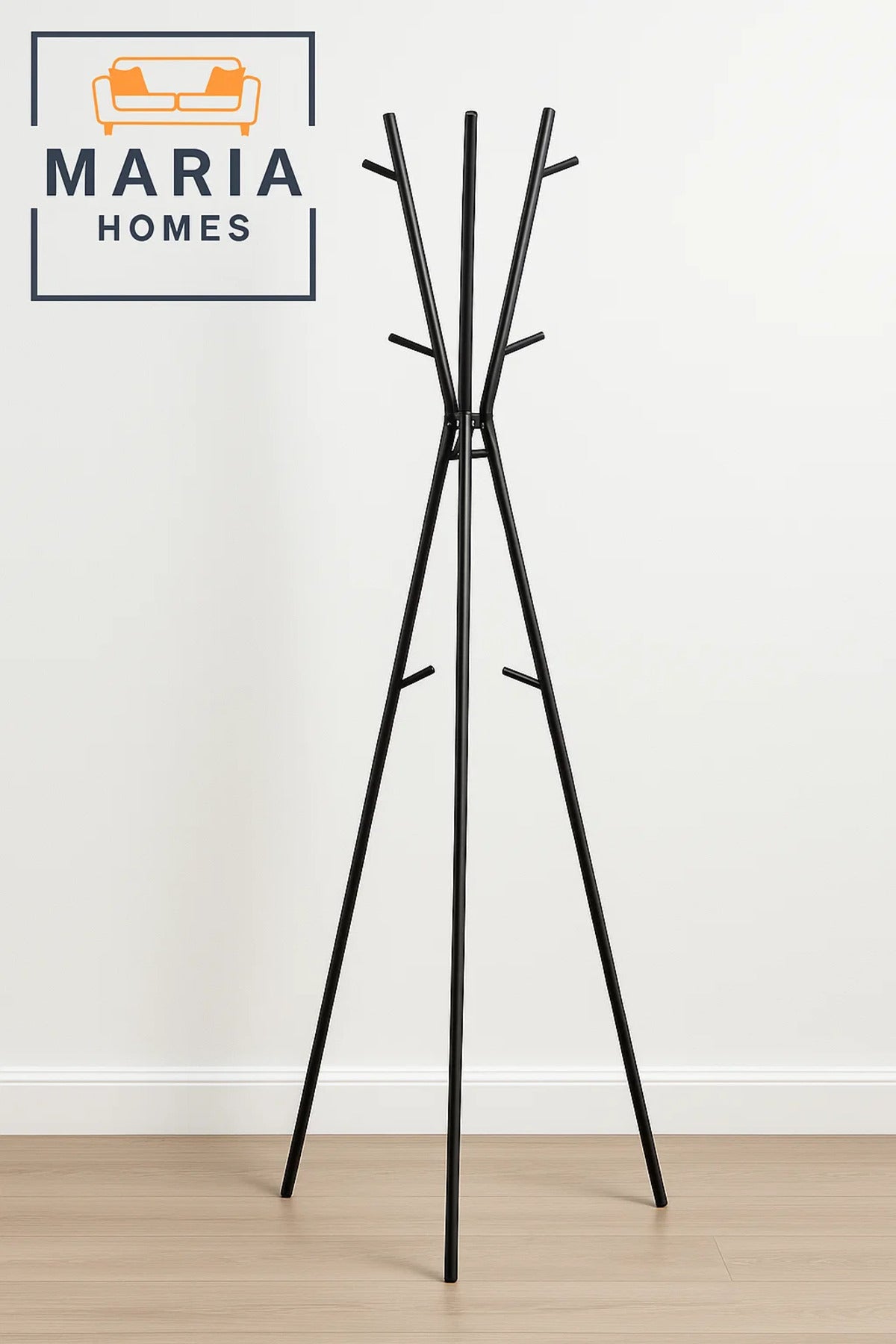 Tripod-Style Black Metal Coat Rack with Angled Hooks