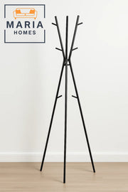 Tripod-Style Black Metal Coat Rack with Angled Hooks