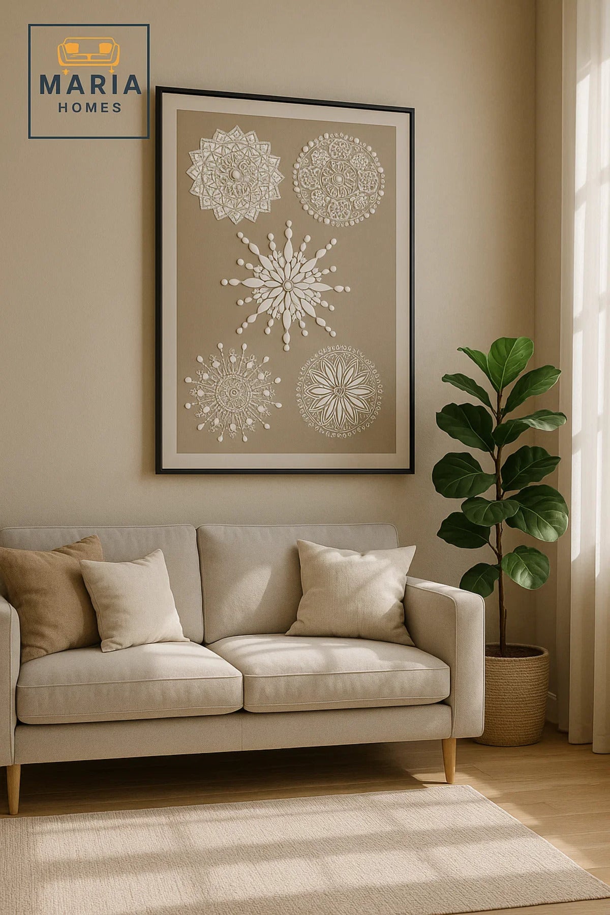 Modern 3D Wall Art Ð Beige Mandala Decorative Panel with Textured Floral Designs 150_100 cm