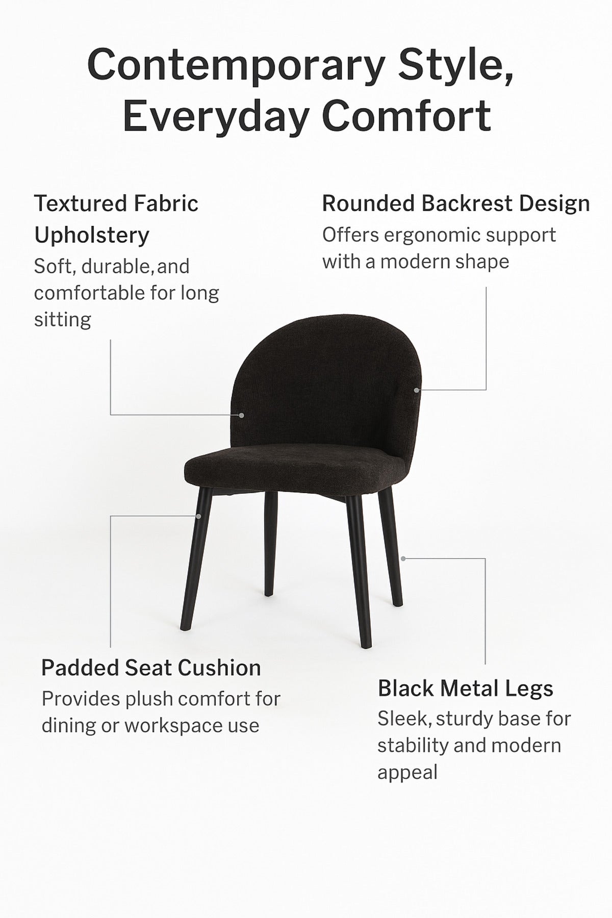 Black Fabric Dining Chair Ð Modern Upholstered Curved Back Chair with Metal Legs for Dining Room