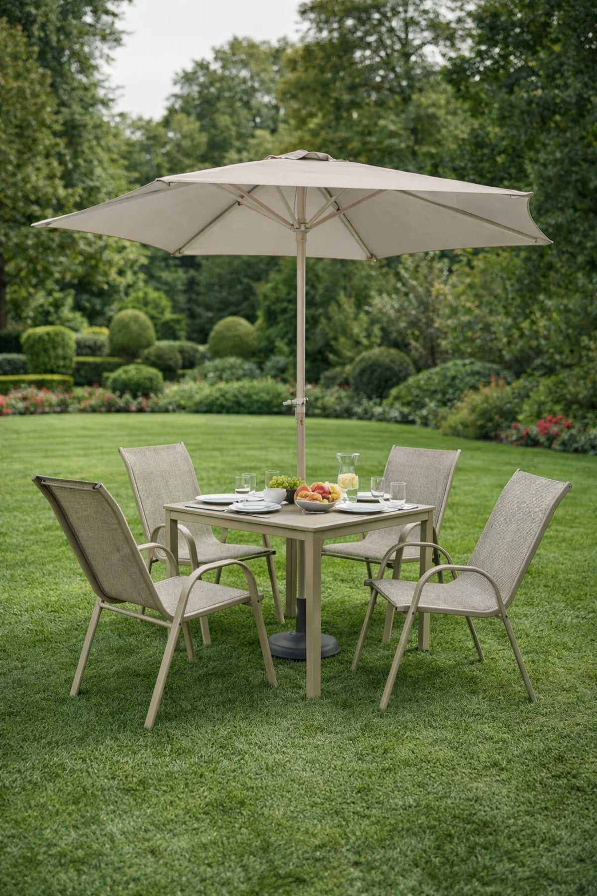 Luxury Outdoor Patio Dining Set 4 Seater Square Table with Umbrella Beige Garden Furniture 90cm