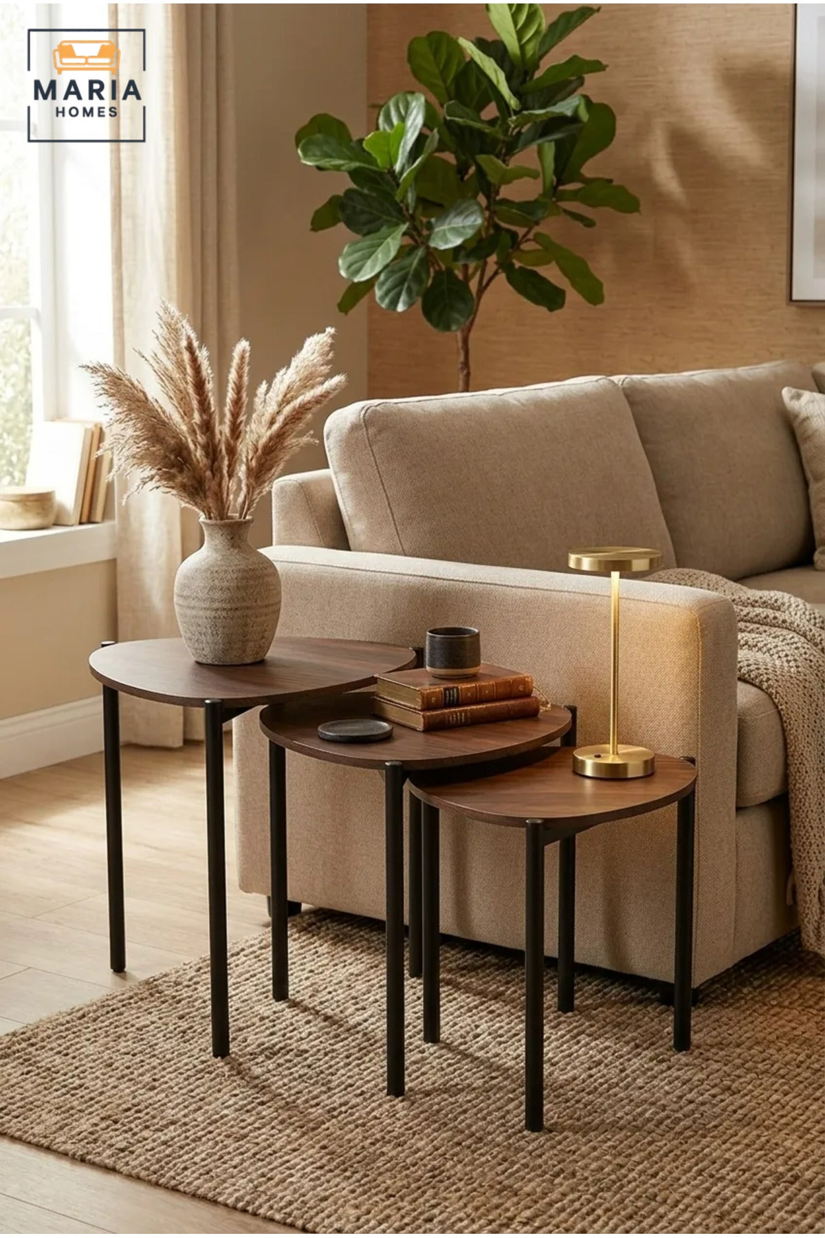 Set of 3 Nesting Coffee Tables with Wooden Tops and Slim Metal Legs, Space-Saving Side Tables for Living Room, Bedroom, Lounge and Office