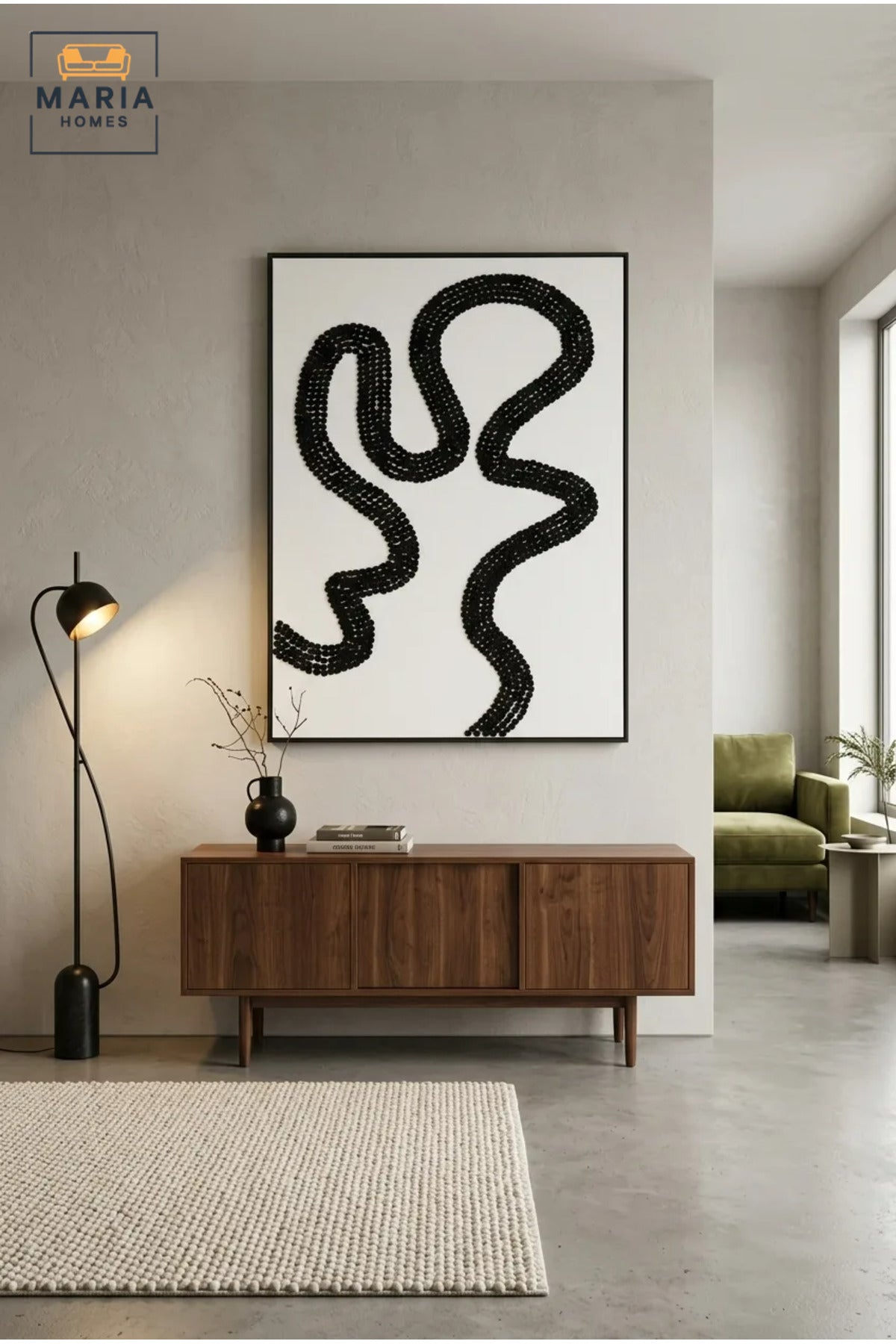 Modern Abstract Textured Wall Art with Slim Black Frame, Black Line Design on White Canvas for Living Room, Bedroom, Hallway and Office Décor