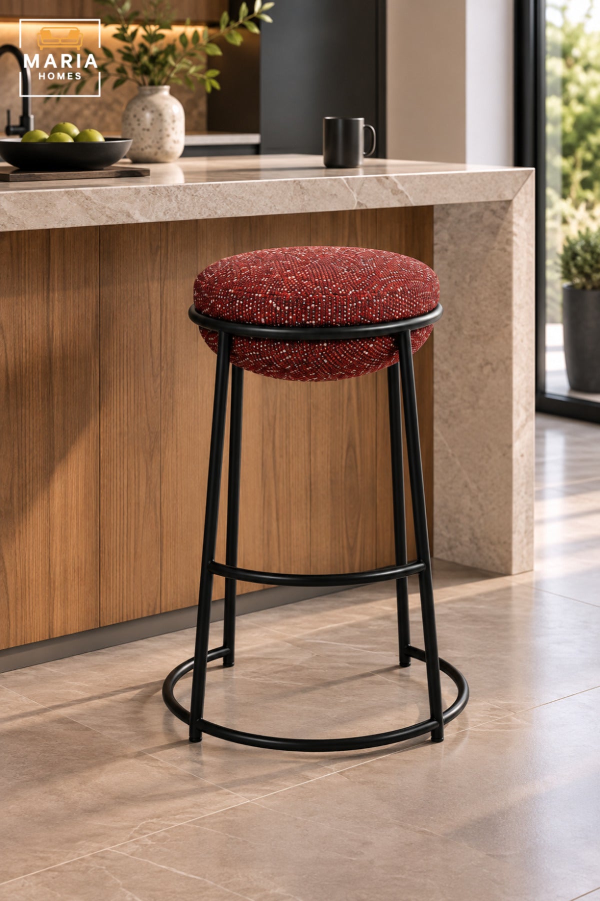 Modern Round Bar Stool with Padded Fabric Seat & Circular Footrest | Red Upholstered High Counter Chair with Slim Black Frame for Café and Kitchen 70x33cm