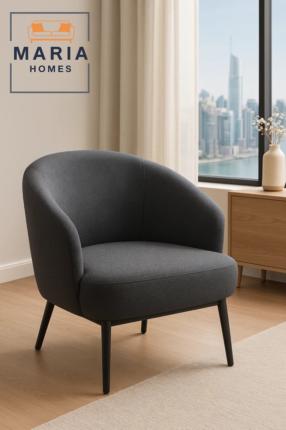 Dark Grey Fabric Lounge Chair Ð Curved Back Armchair with Cushioned Seat and Black Metal Legs