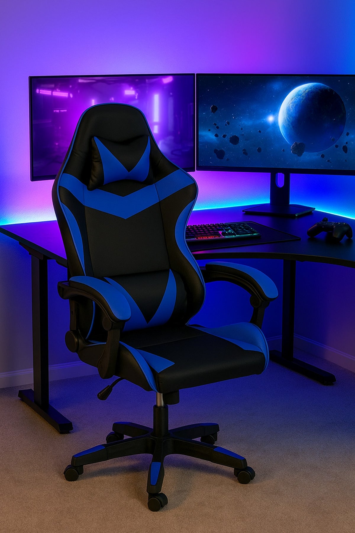 Blue and Black Gaming Chair Ergonomic Chair with Adjustable Height Swivel Base & Lumbar Support