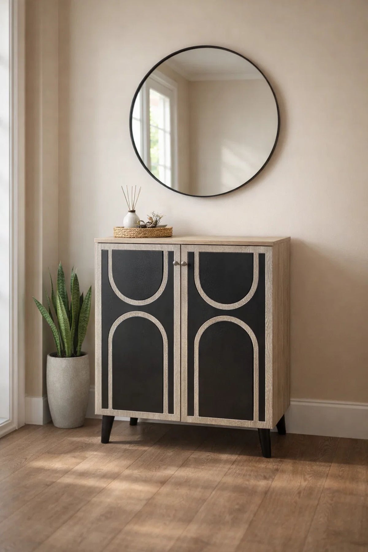 Stylish Beige Shoe Cabinet with Black Geometric Accents for Modern Home Entryway Organization