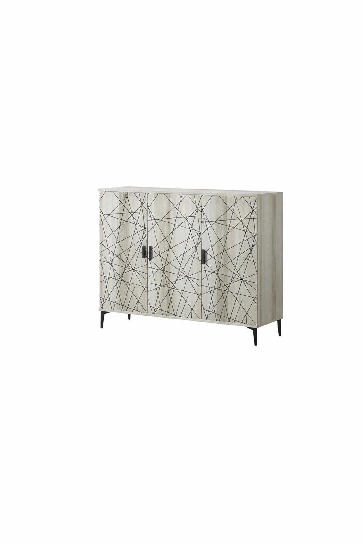 Stylish Geometric Shoe Cabinet 3 Door White Oak Finish with Black Metal Legs for Modern Home Entry