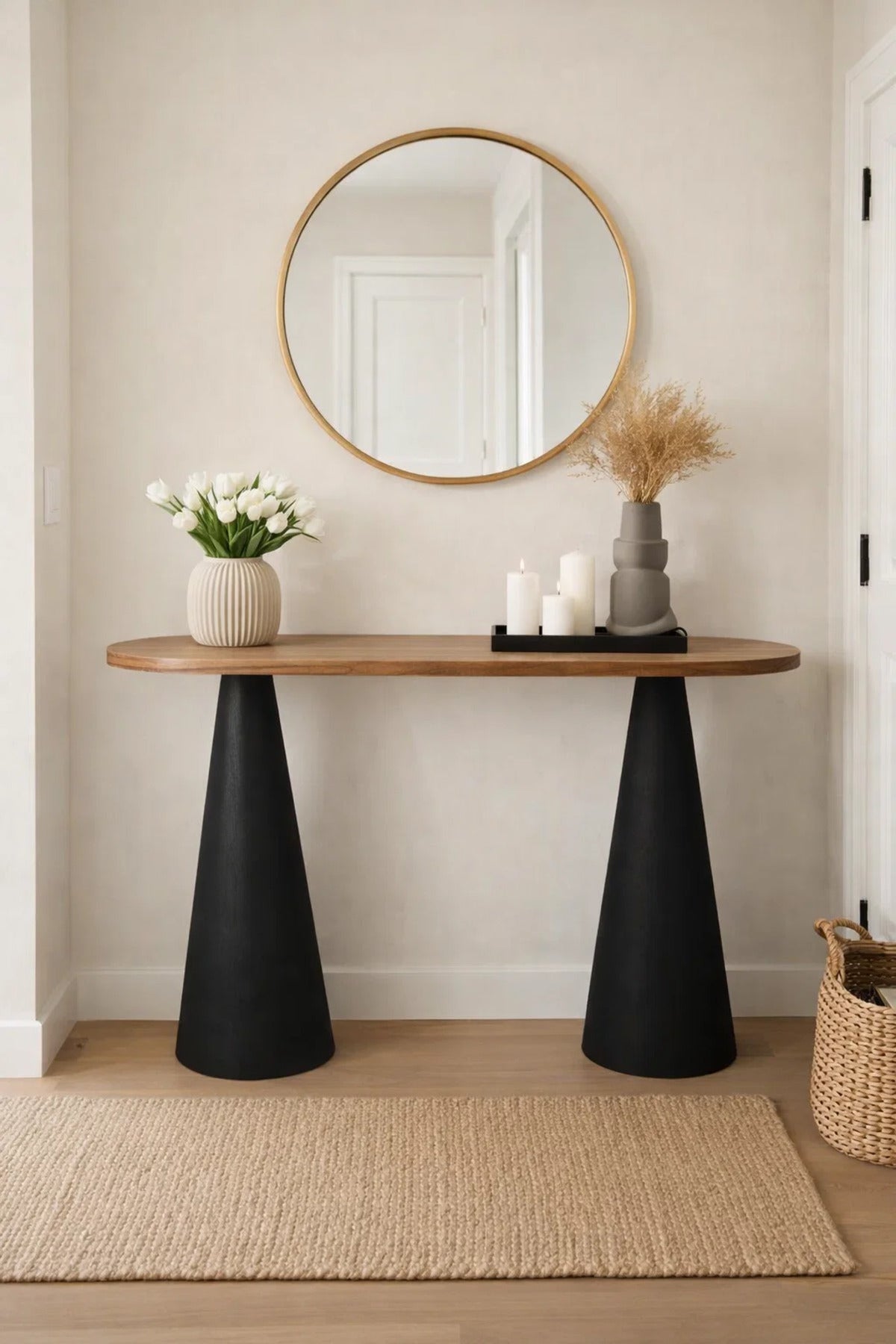 Contemporary Oval Console Table Black and Brown Wood Entryway Furniture with Sturdy Legs - 120cm