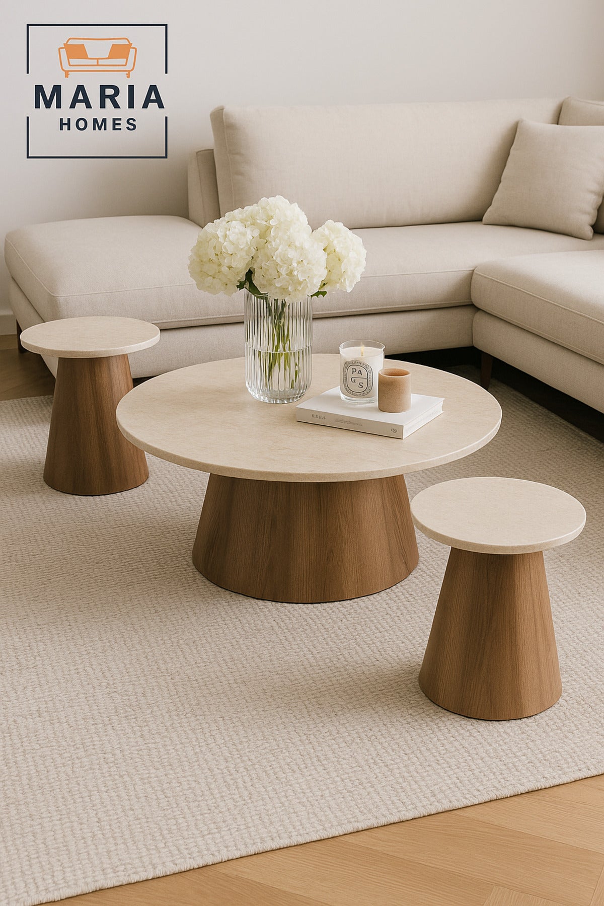 3-Piece Coffee Table Set Ð Beige Laminate Top with Brown Wooden Base (1 Large + 2 Small)