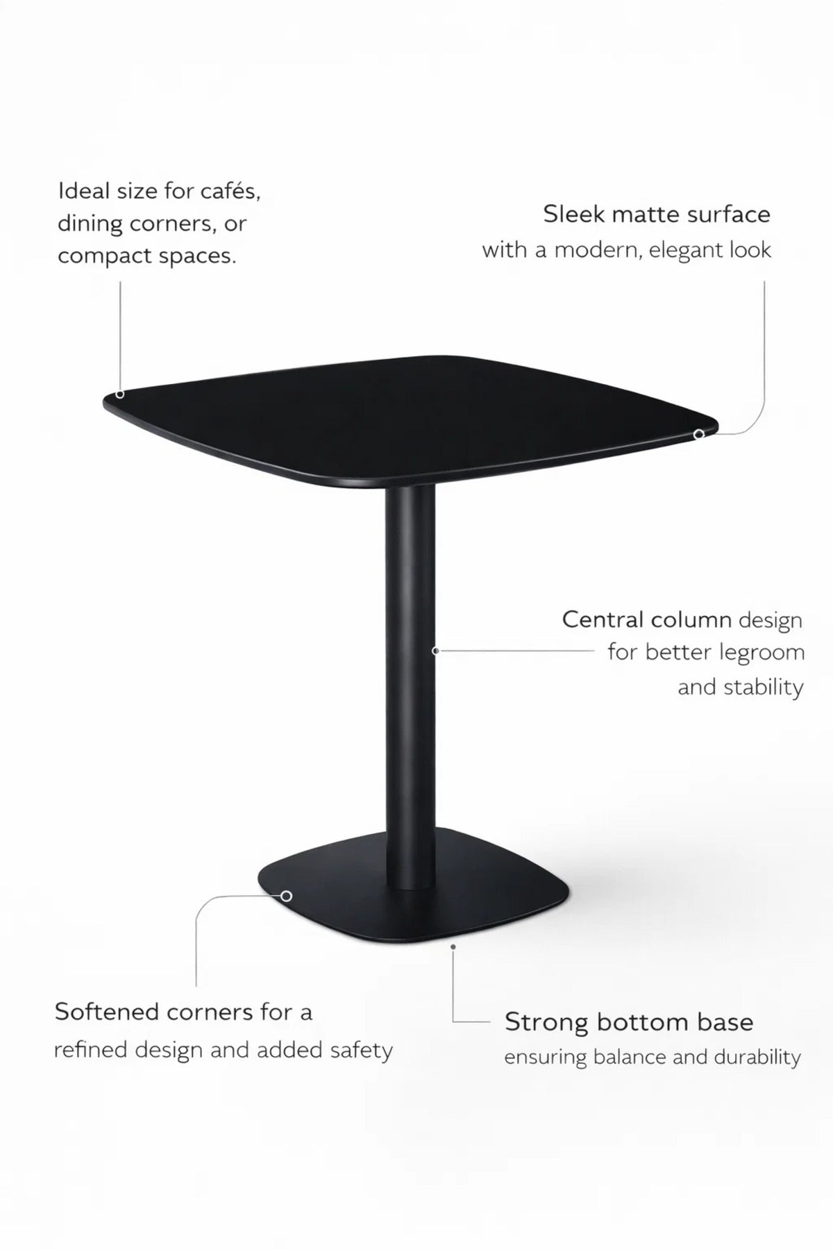 Stylish Black Square Dining Table 80x80cm Modern Bistro Cafe Desk with Sturdy Pedestal Metal Base