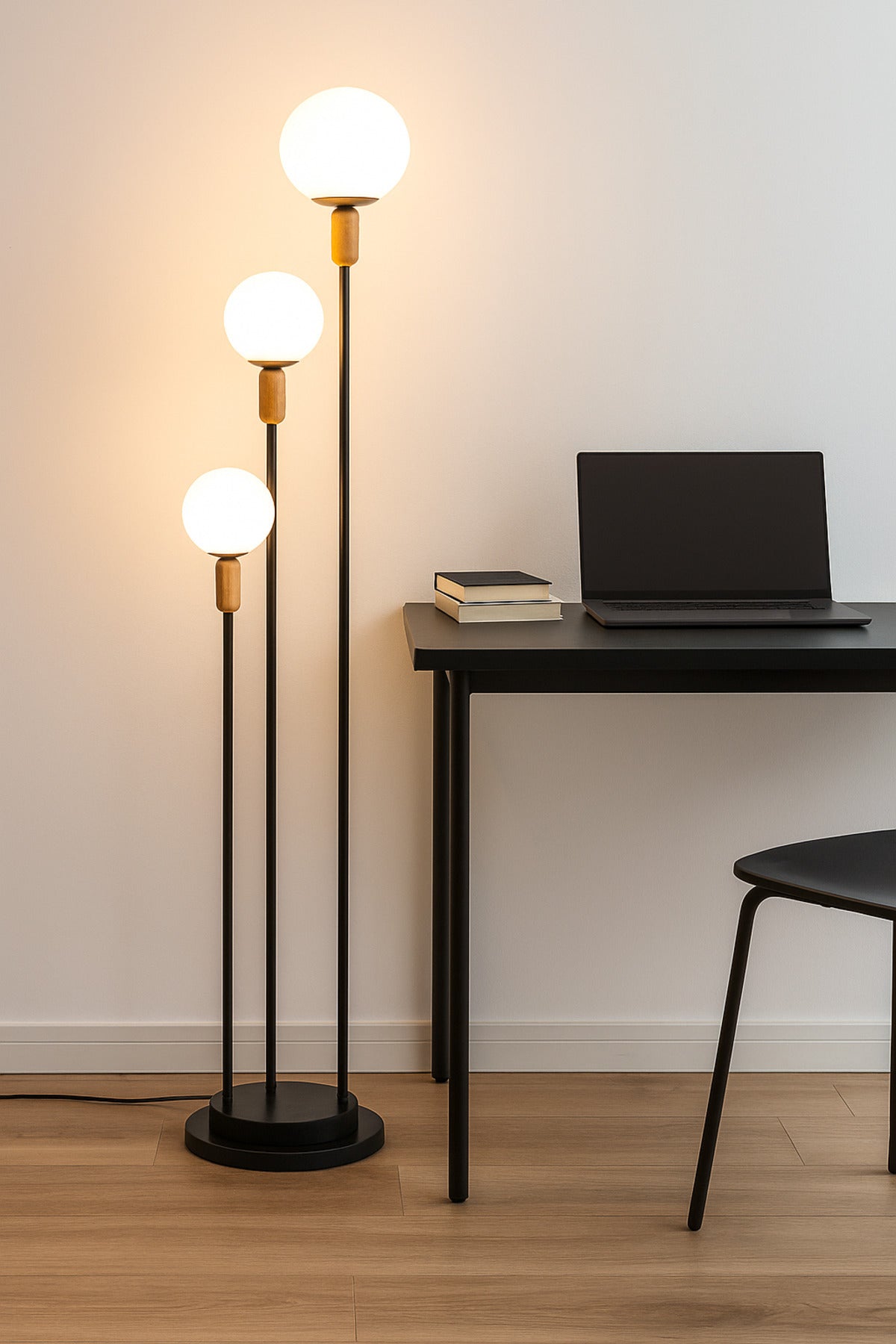Modern Black Floor Lamp with Triple White Globe Lights Metal Stand for Living Room & Bedroom