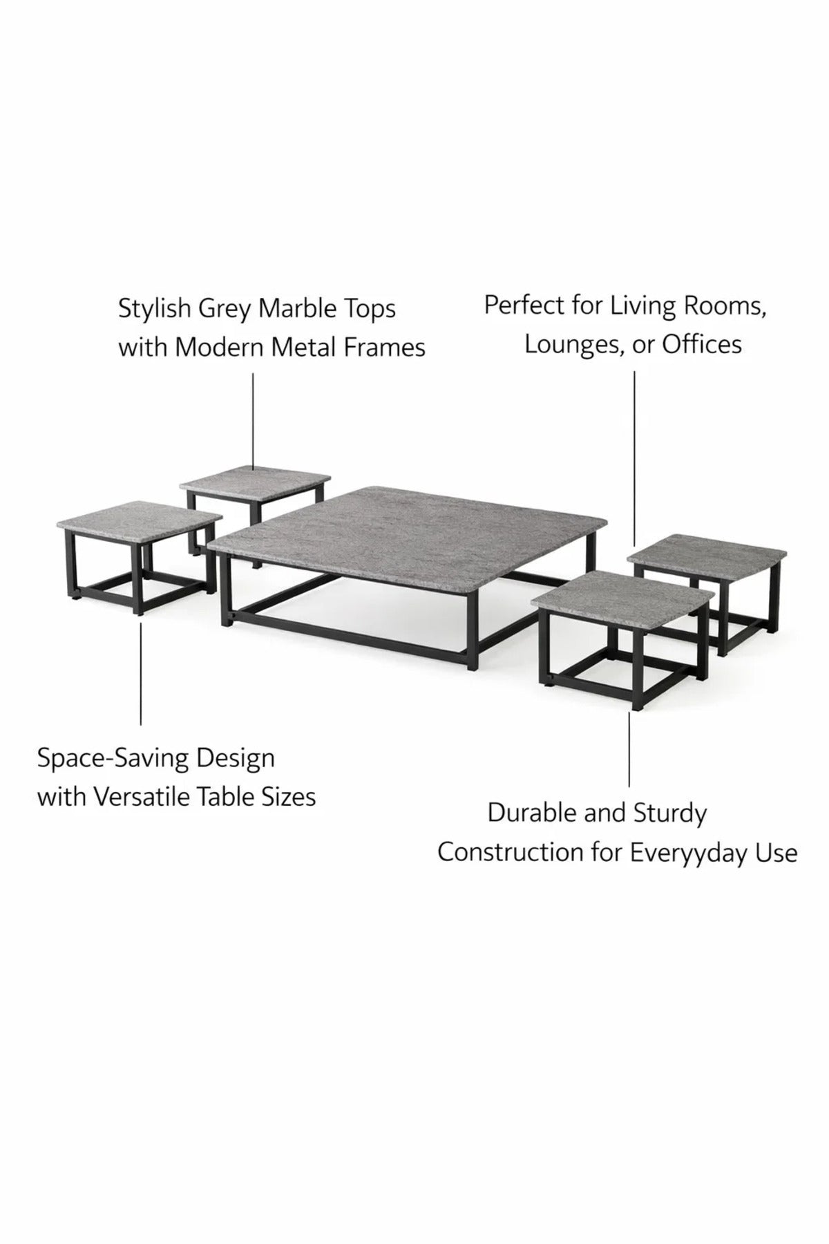 Stylish 5-Piece Grey Low Center Table Set with 4 Matching Stools for Modern Floor Seating Decor