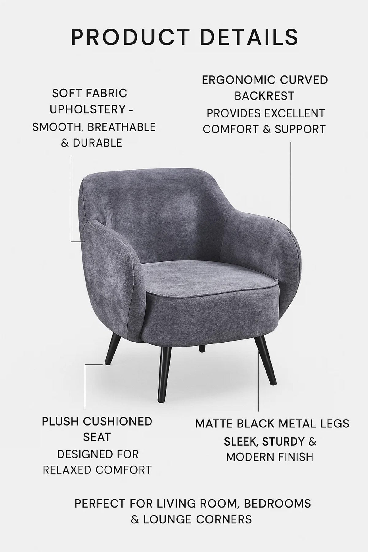 Dark Grey Fabric Armchair | Modern Comfortable Lounge Chair for Living Room & Office
